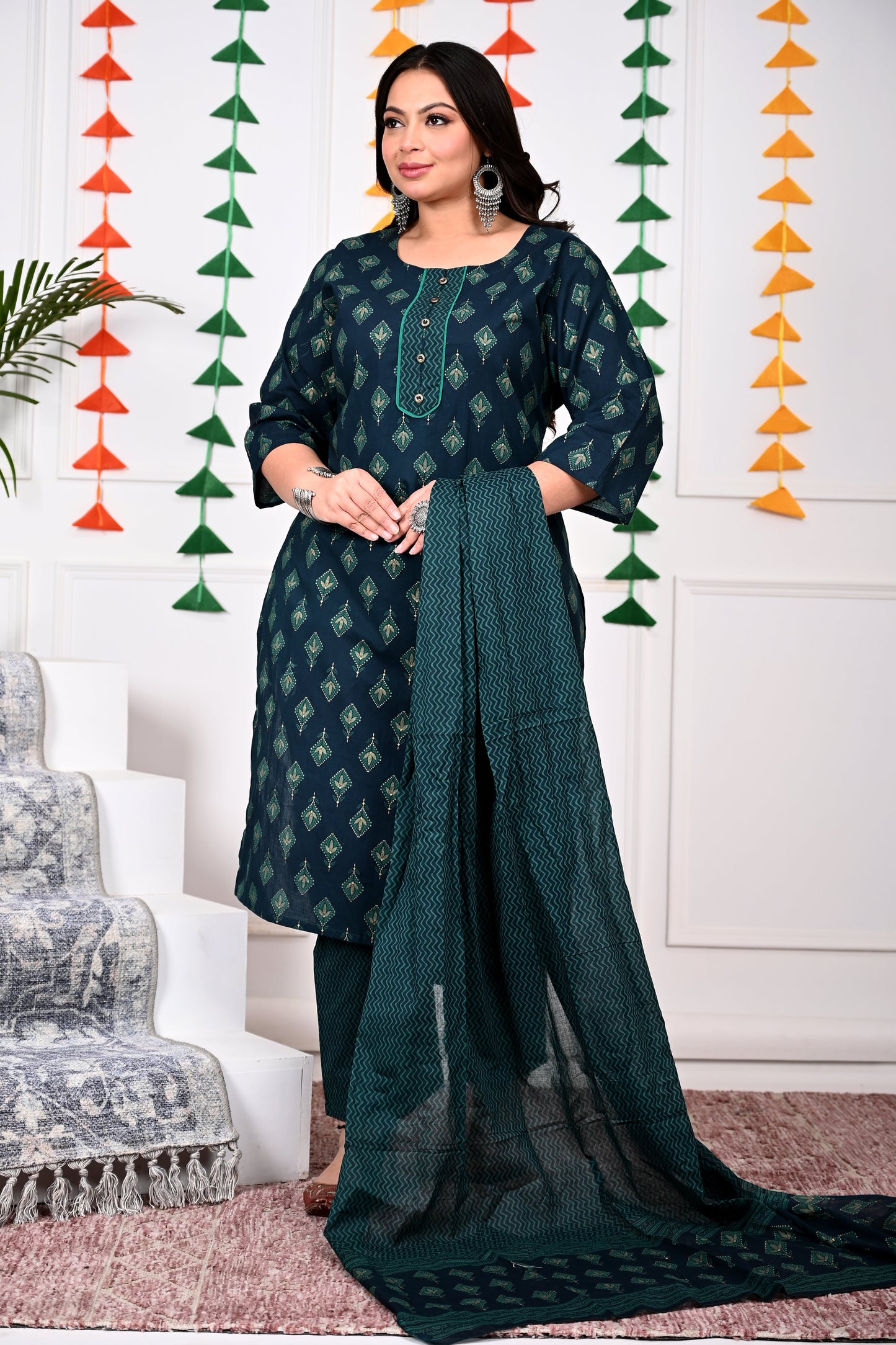 Plus Size Bottle Green Cotton Printed Kurta Pant Set with Dupatta-200018