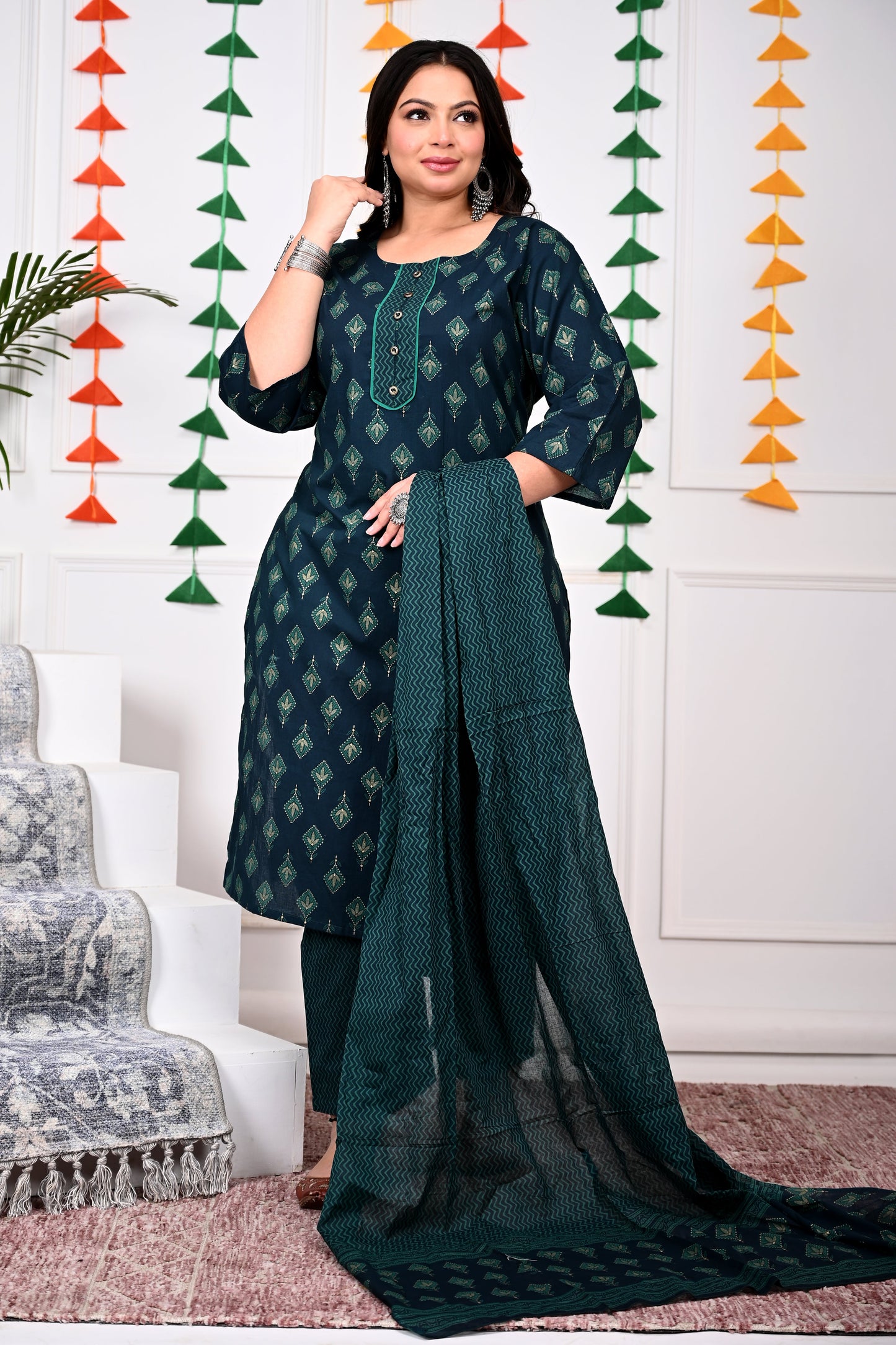 Plus Size Bottle Green Cotton Printed Kurta Pant Set with Dupatta-200018