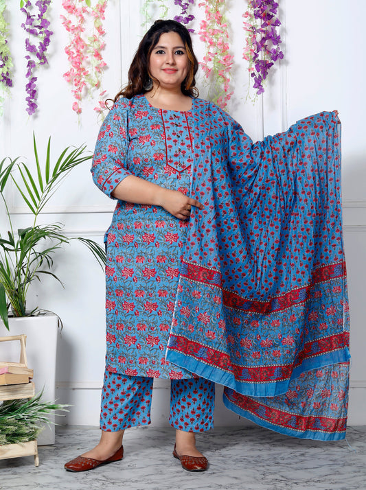 Plus Size Blue Cotton Printed Kurta Pant Set with Dupatta-200030