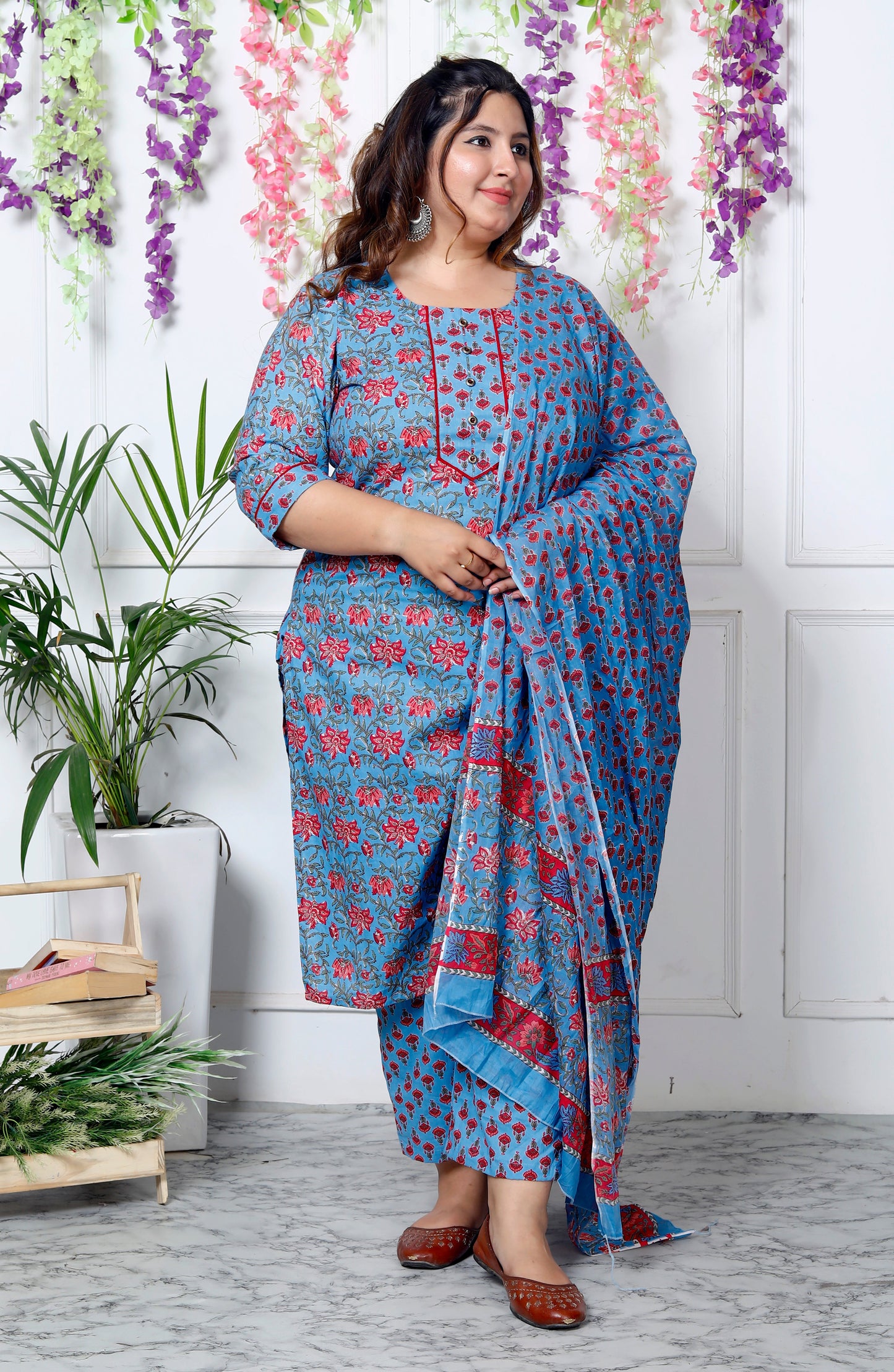 Plus Size Blue Cotton Printed Kurta Pant Set with Dupatta-200030