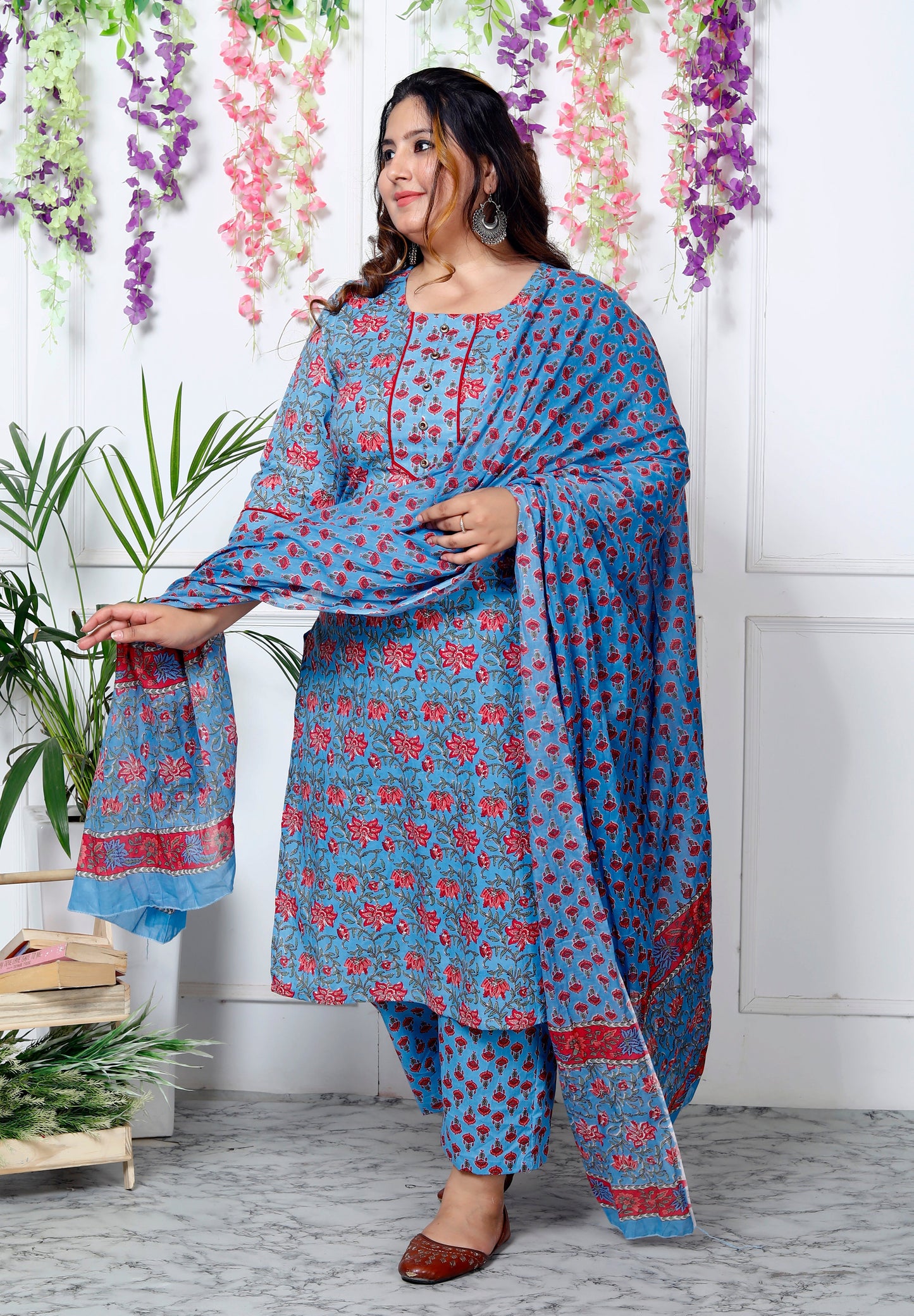 Plus Size Blue Cotton Printed Kurta Pant Set with Dupatta-200030