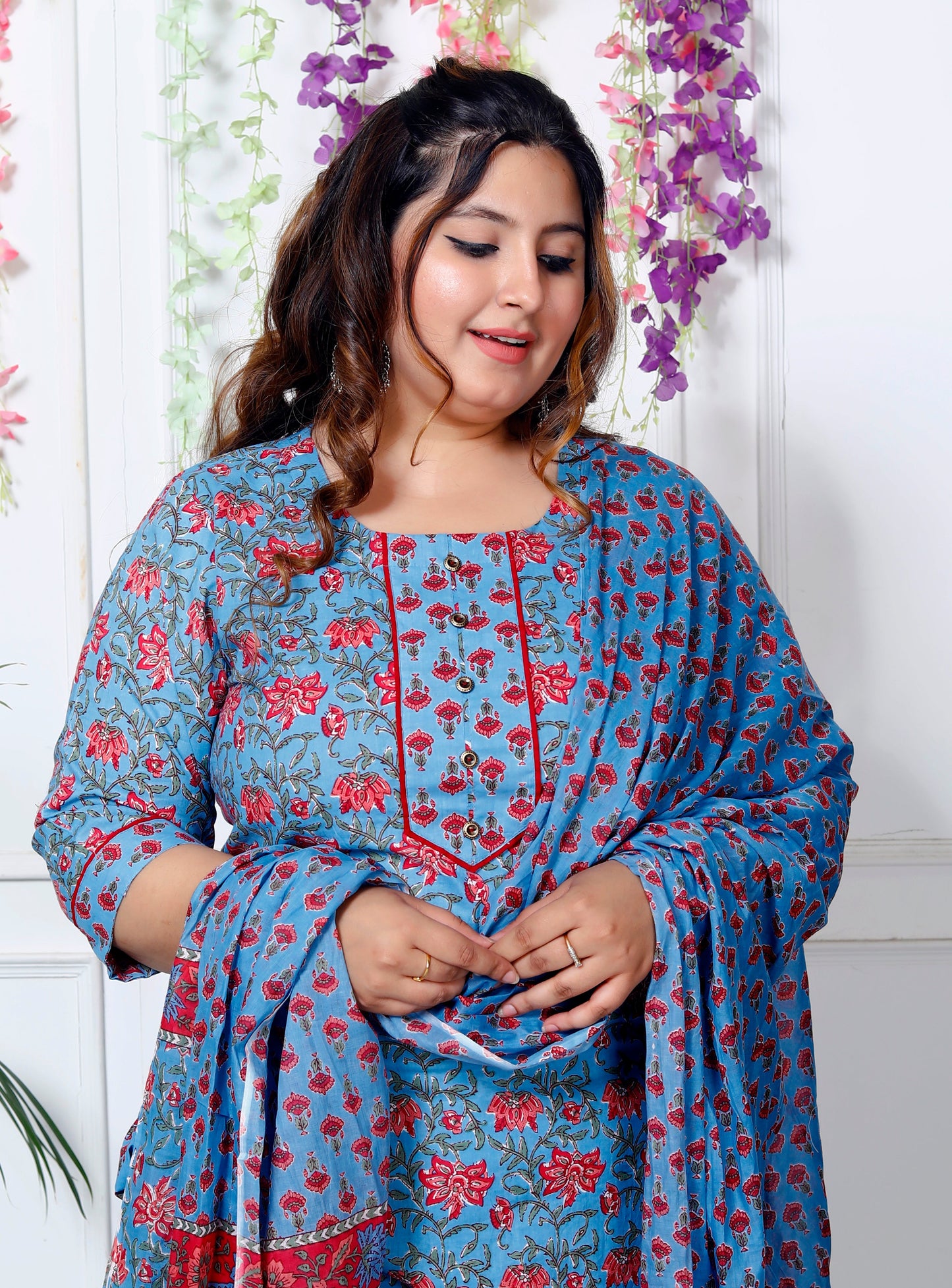 Plus Size Blue Cotton Printed Kurta Pant Set with Dupatta-200030