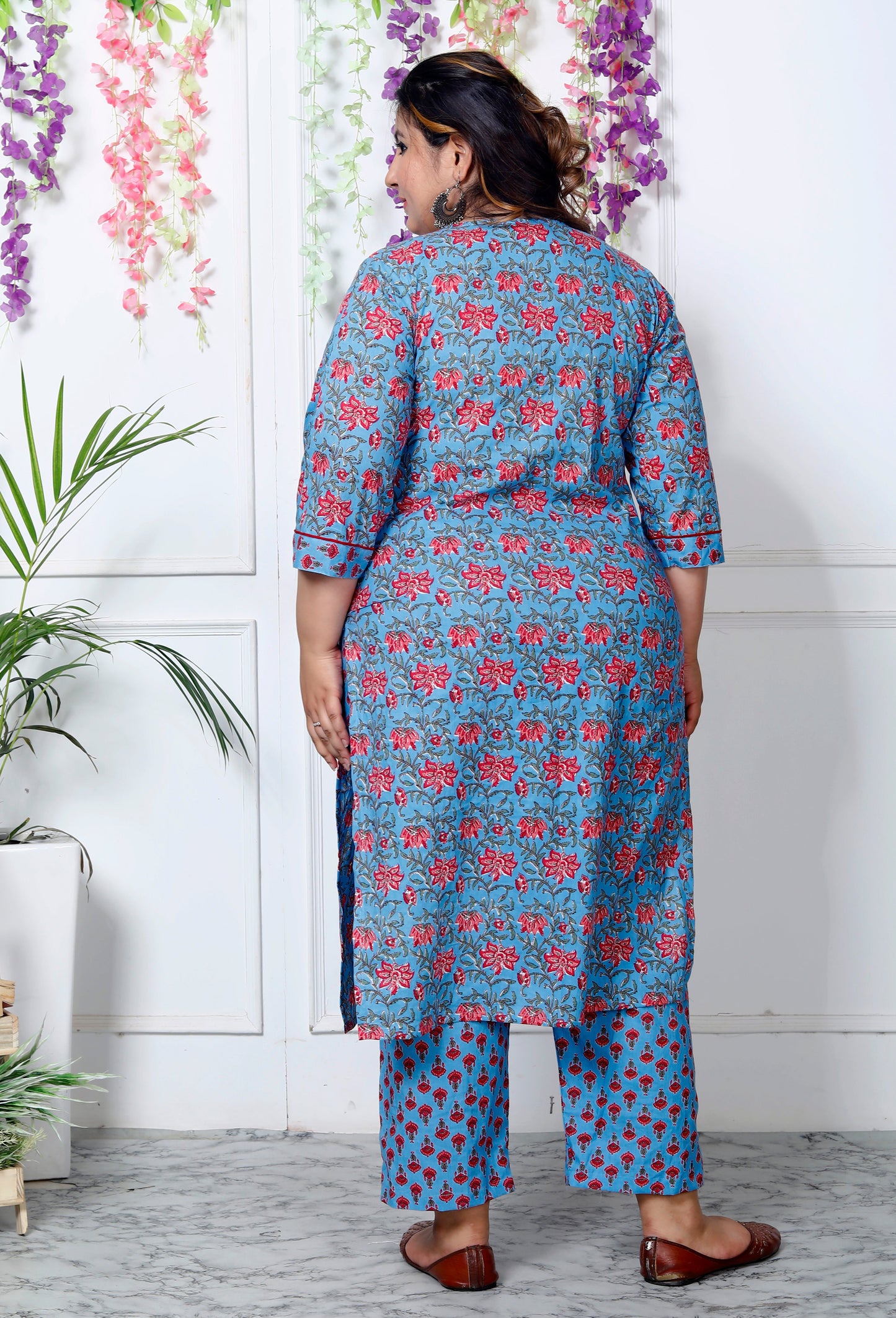 Plus Size Blue Cotton Printed Kurta Pant Set with Dupatta-200030