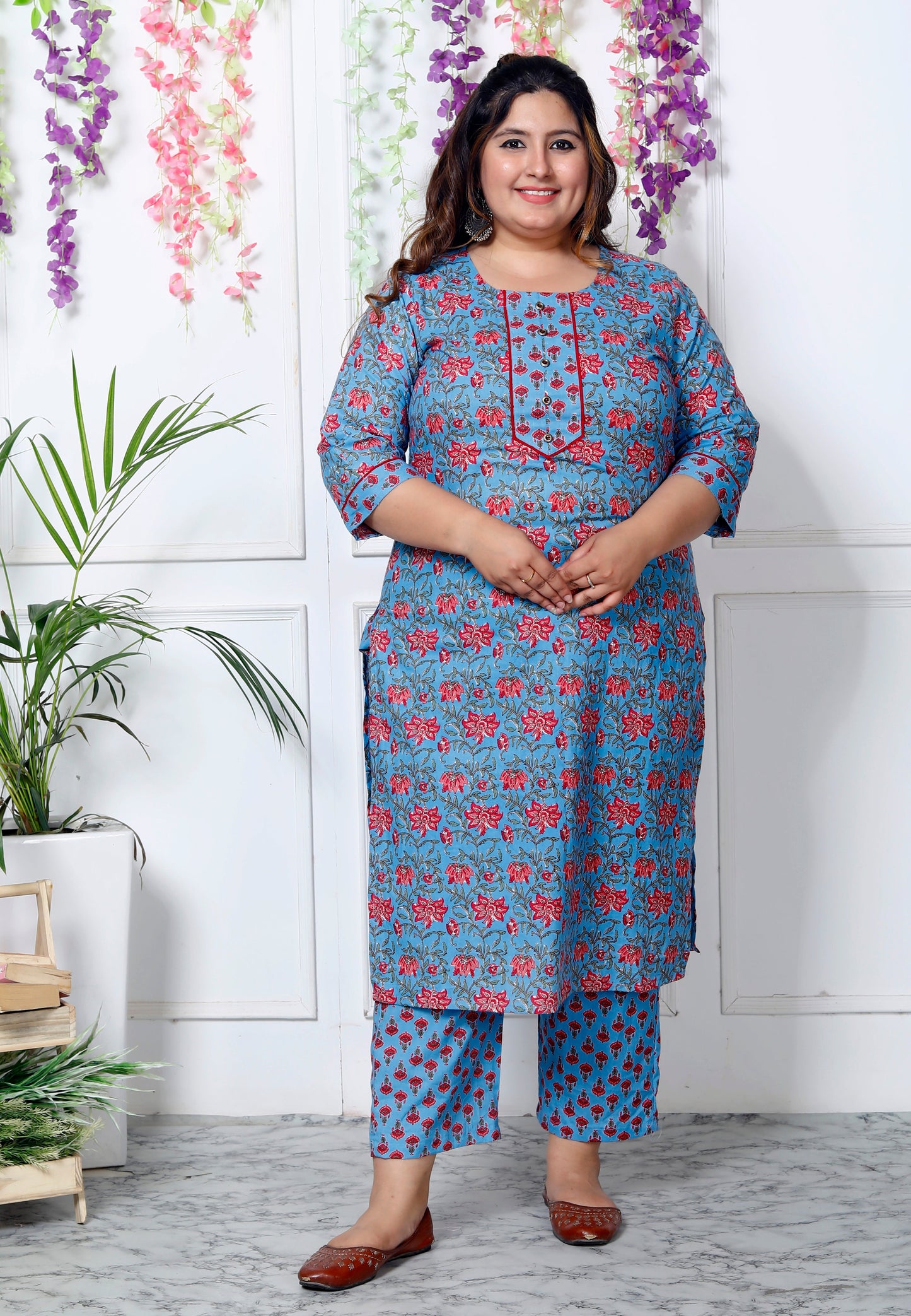 Plus Size Blue Cotton Printed Kurta Pant Set with Dupatta-200030