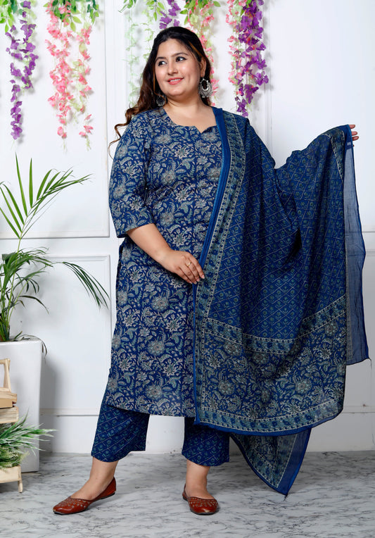 Plus Size Blue Cotton Printed Kurta Pant Set with Dupatta-200033