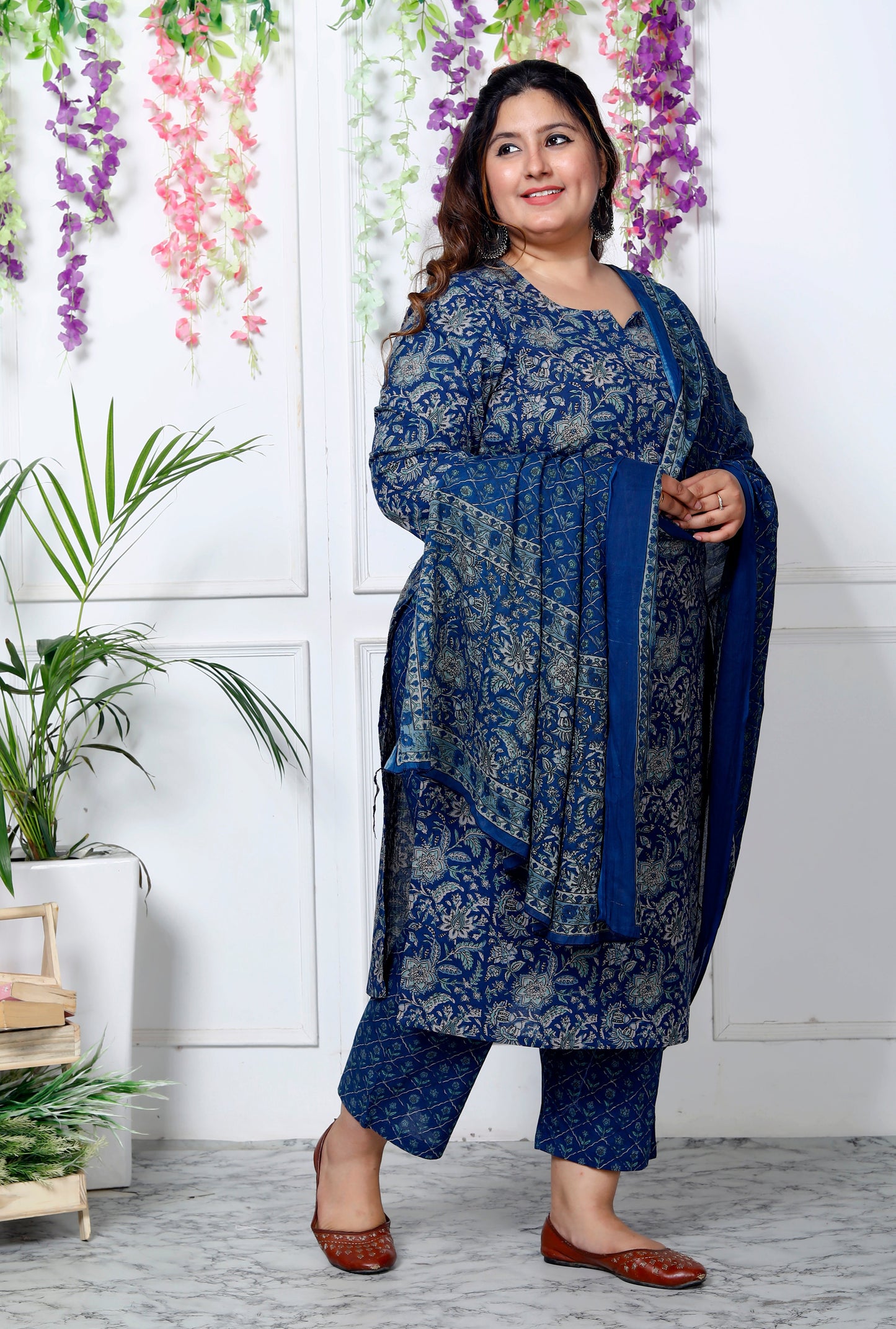 Plus Size Blue Cotton Printed Kurta Pant Set with Dupatta-200033