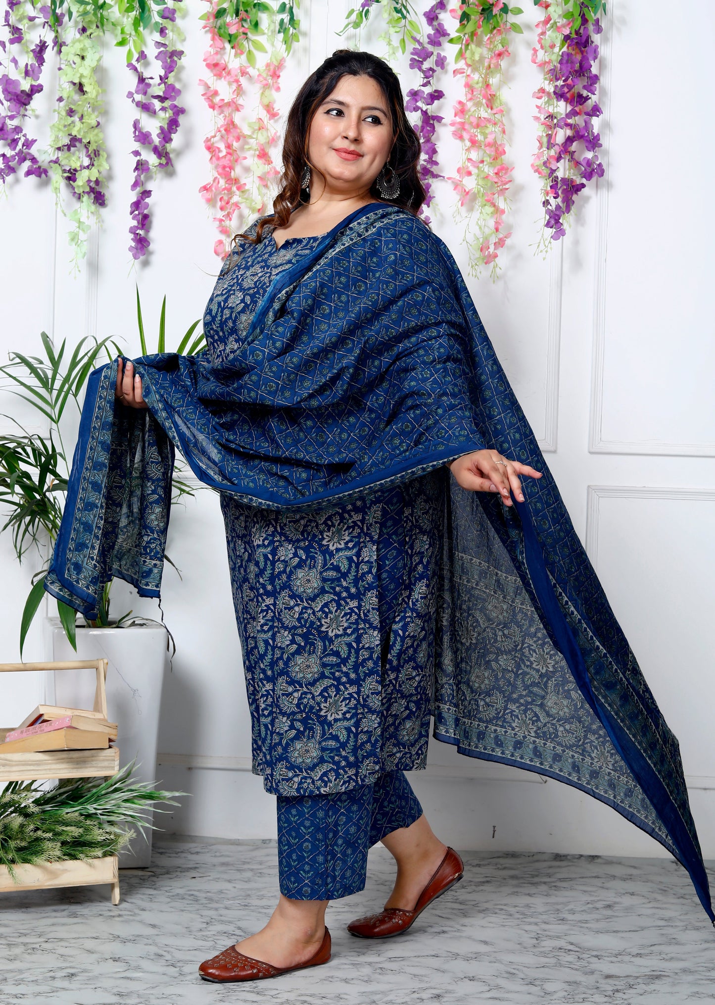 Plus Size Blue Cotton Printed Kurta Pant Set with Dupatta-200033