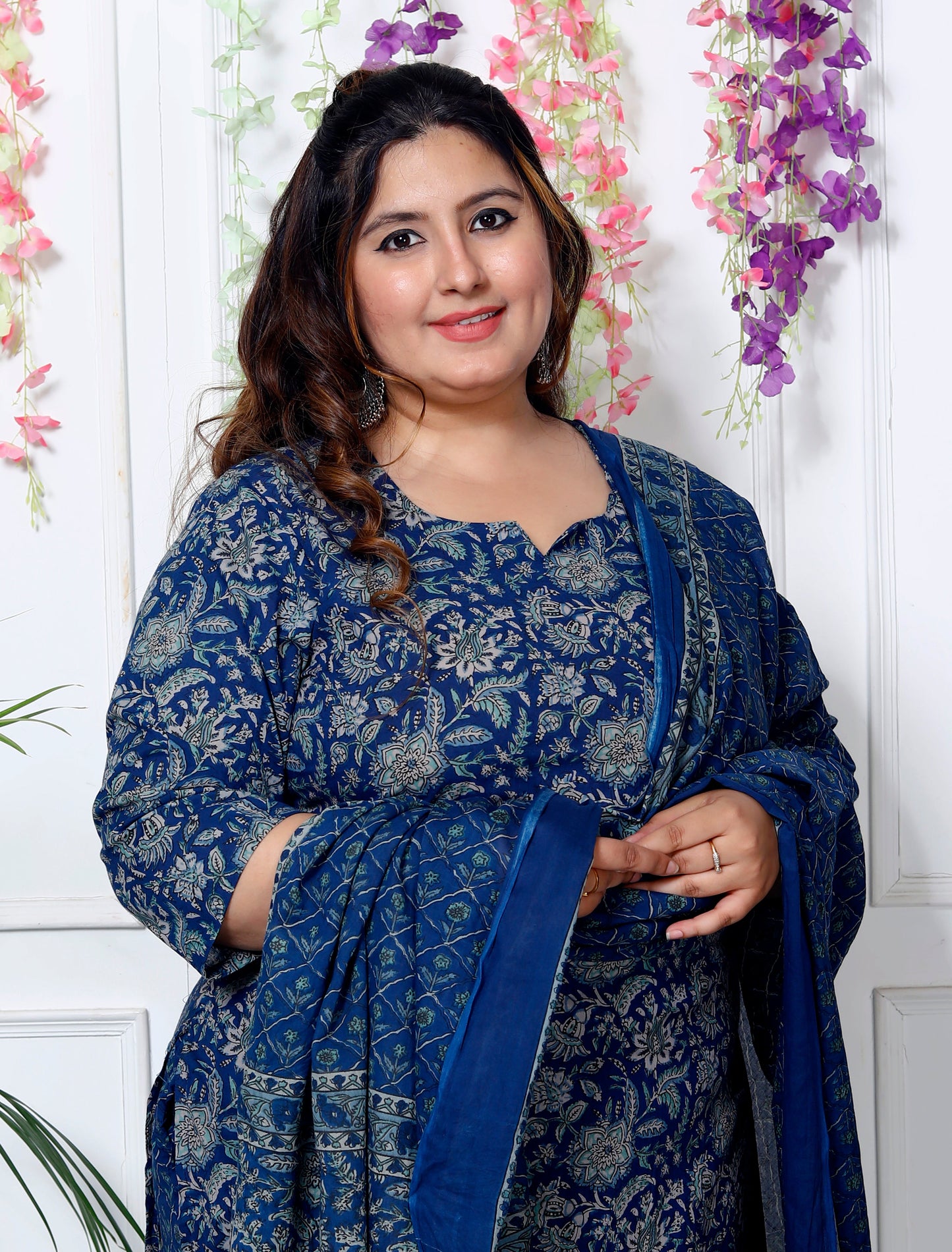 Plus Size Blue Cotton Printed Kurta Pant Set with Dupatta-200033