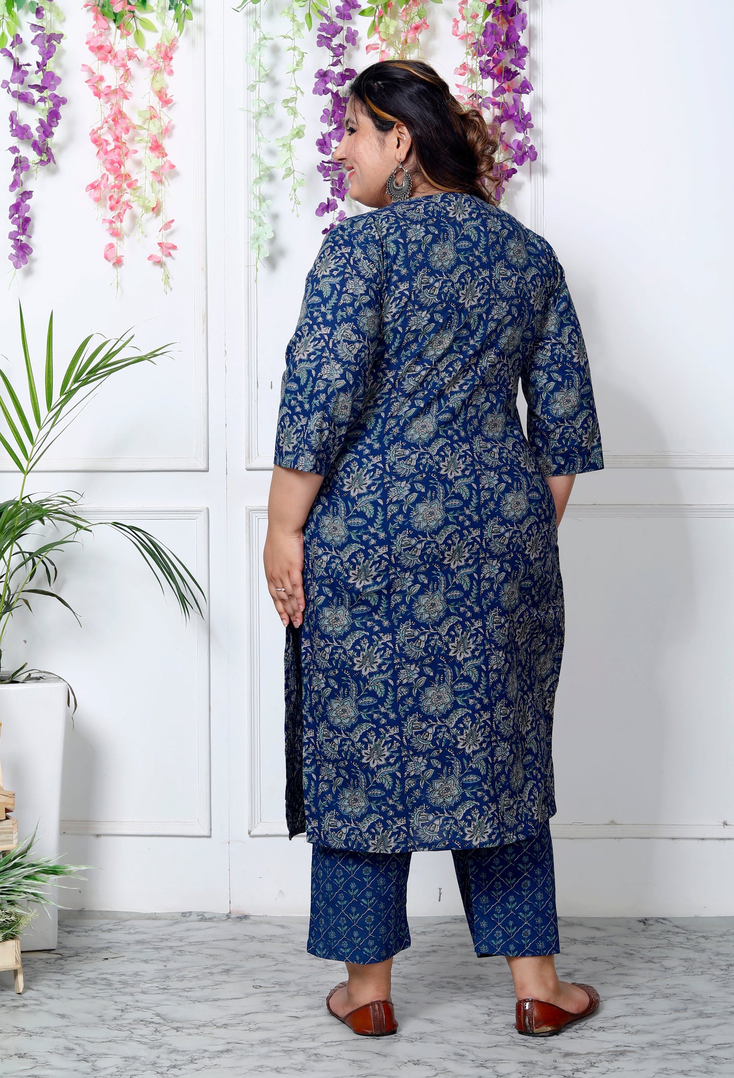 Plus Size Blue Cotton Printed Kurta Pant Set with Dupatta-200033