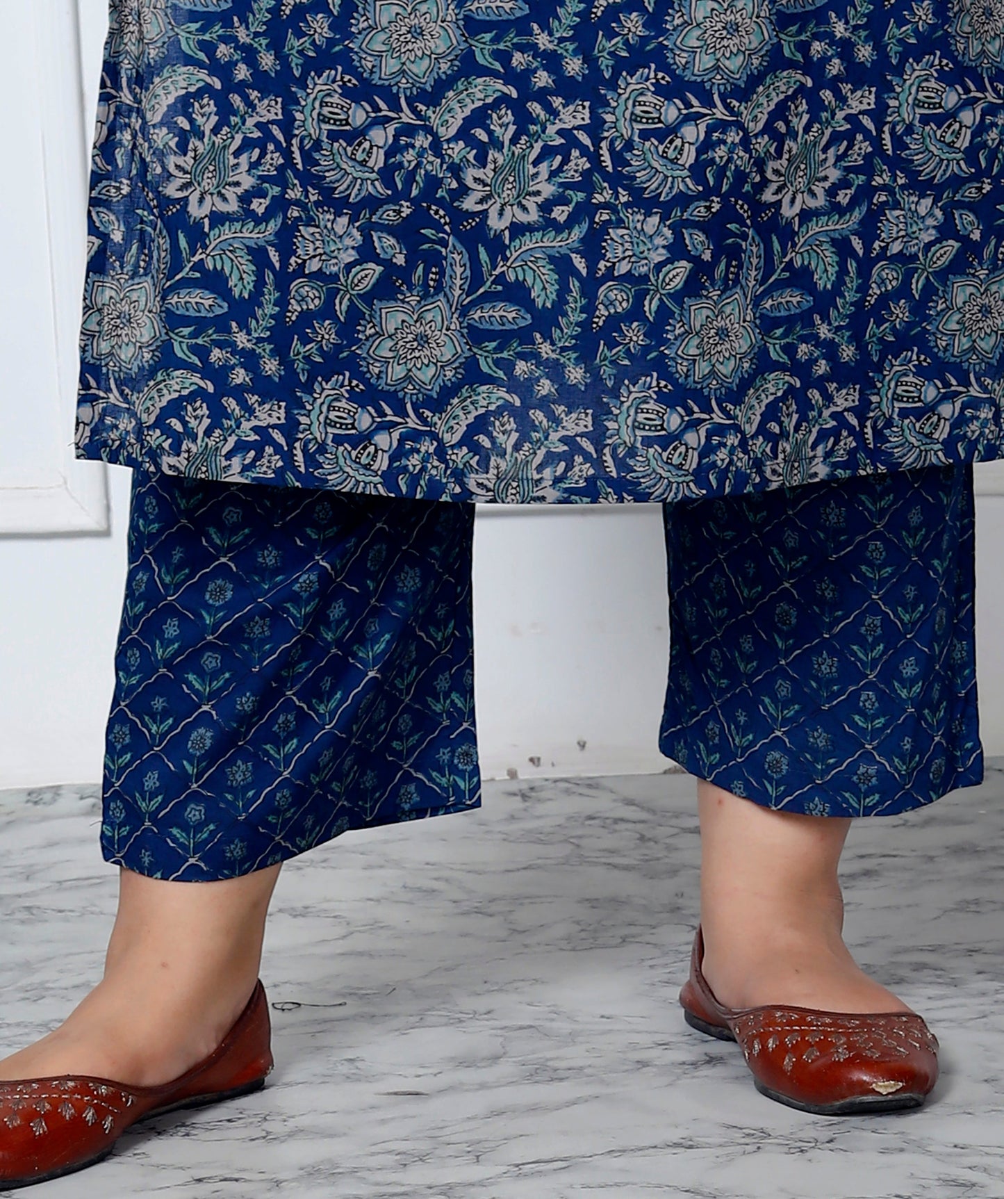 Plus Size Blue Cotton Printed Kurta Pant Set with Dupatta-200033