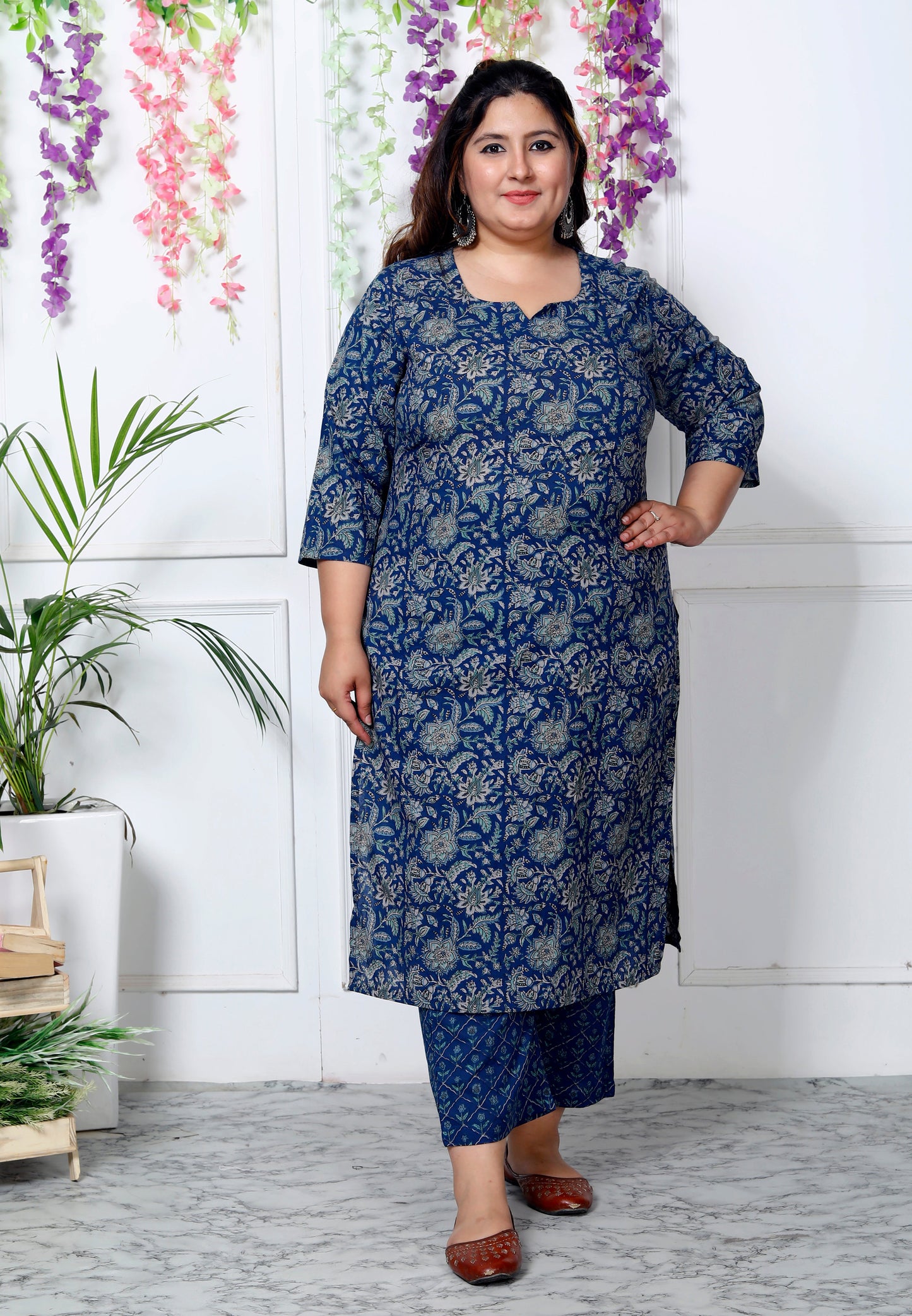 Plus Size Blue Cotton Printed Kurta Pant Set with Dupatta-200033