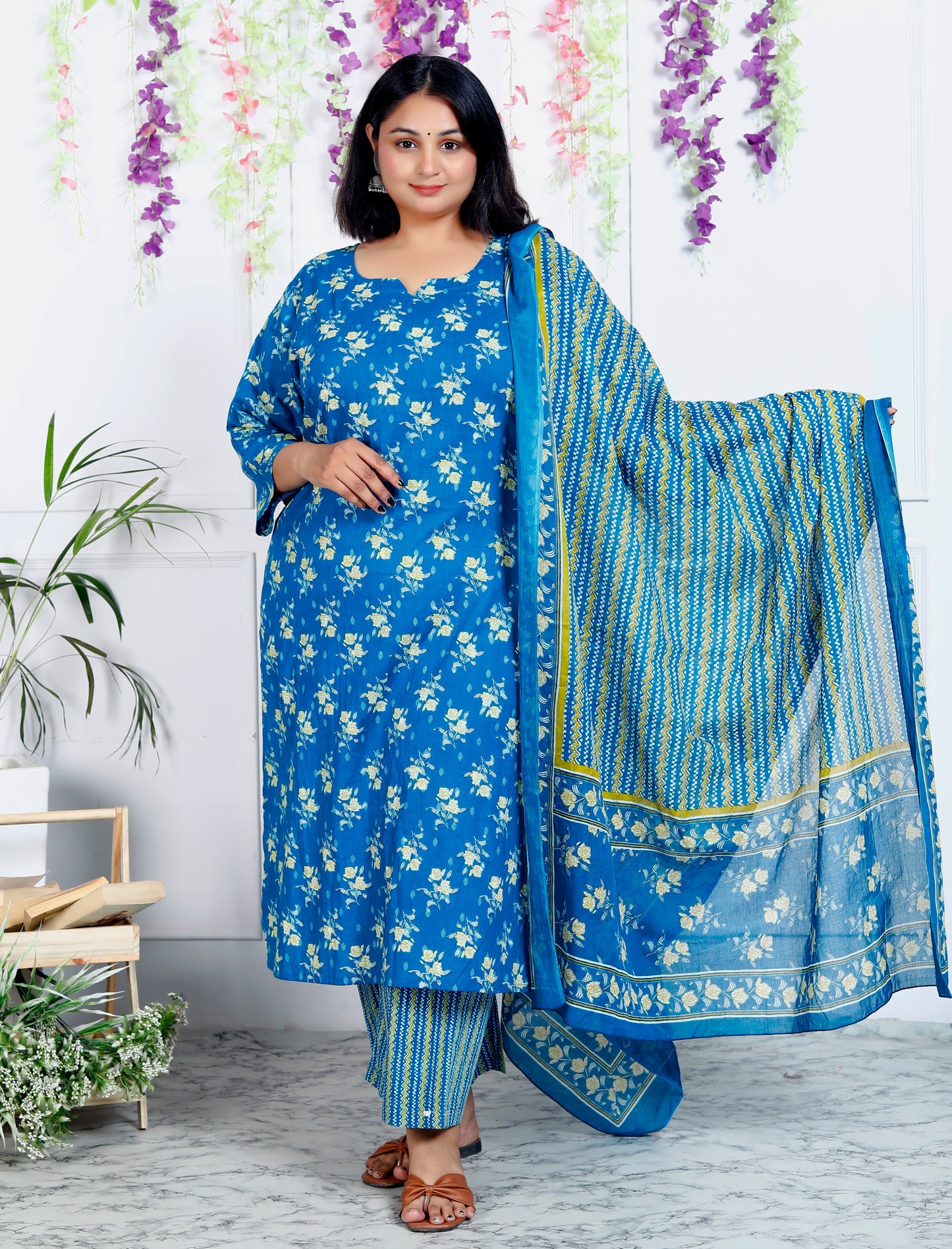 Plus Size  Blue Cotton Kurta Pant Set with Dupatta