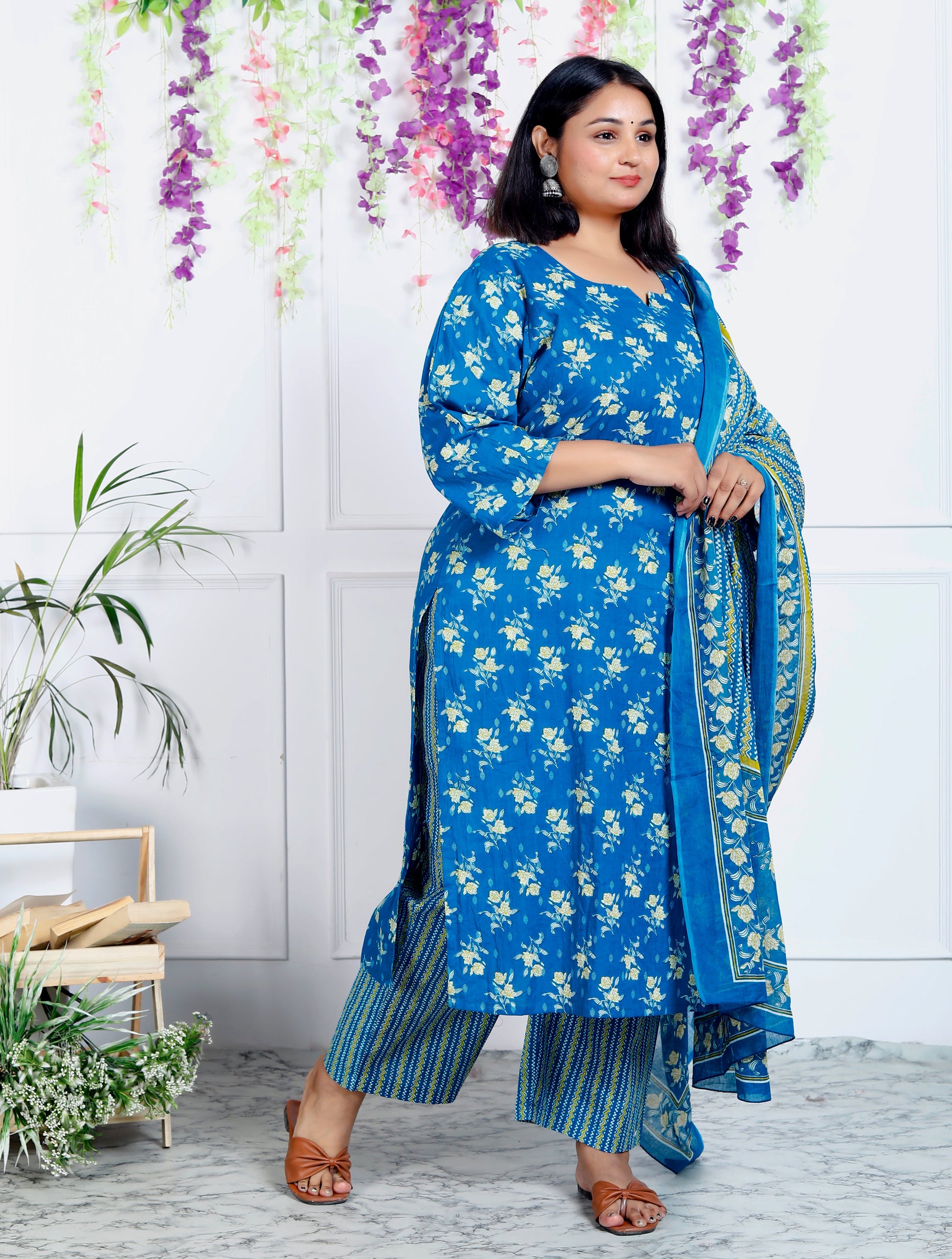 Plus Size  Blue Cotton Kurta Pant Set with Dupatta