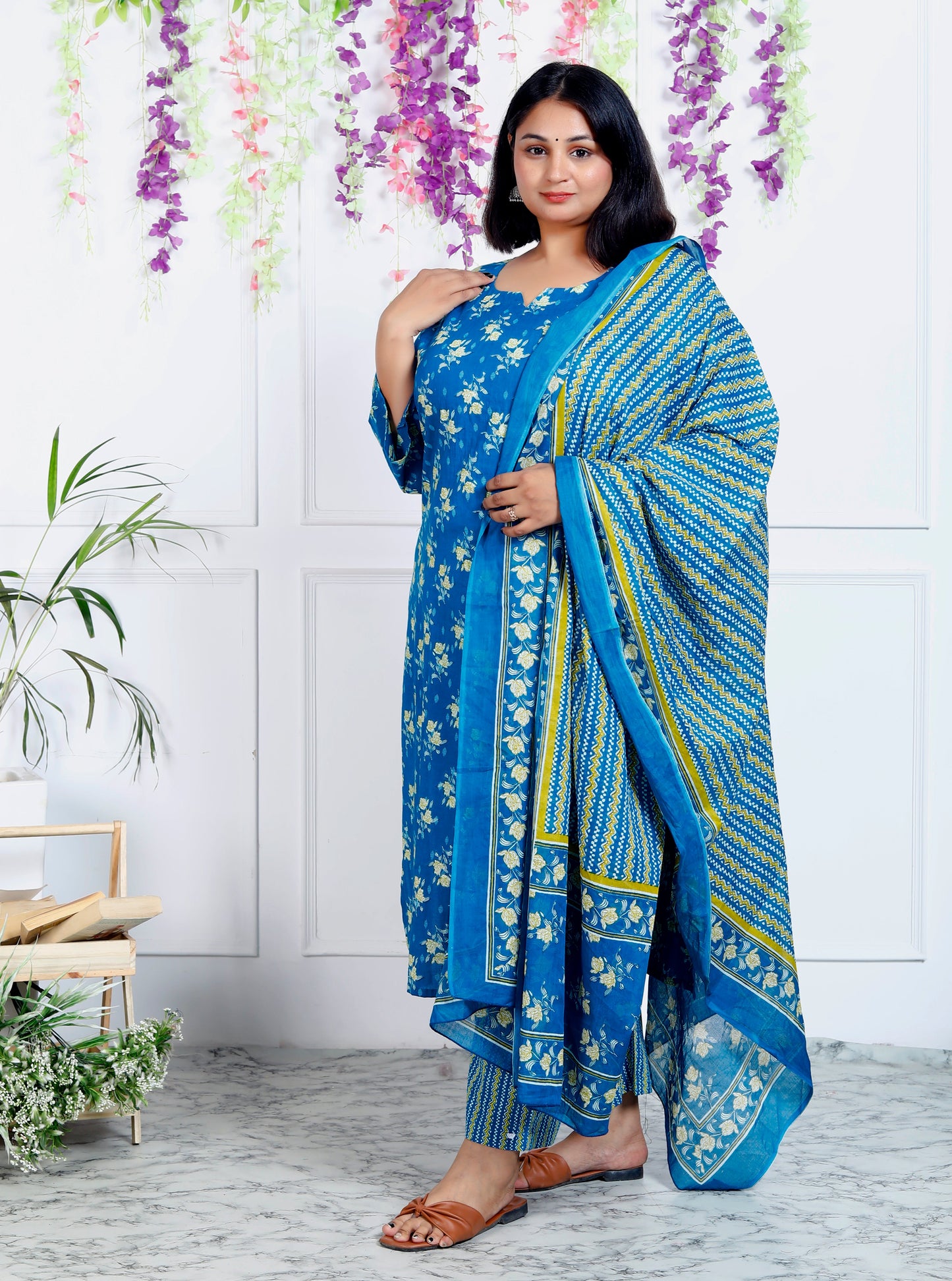 Plus Size  Blue Cotton Kurta Pant Set with Dupatta