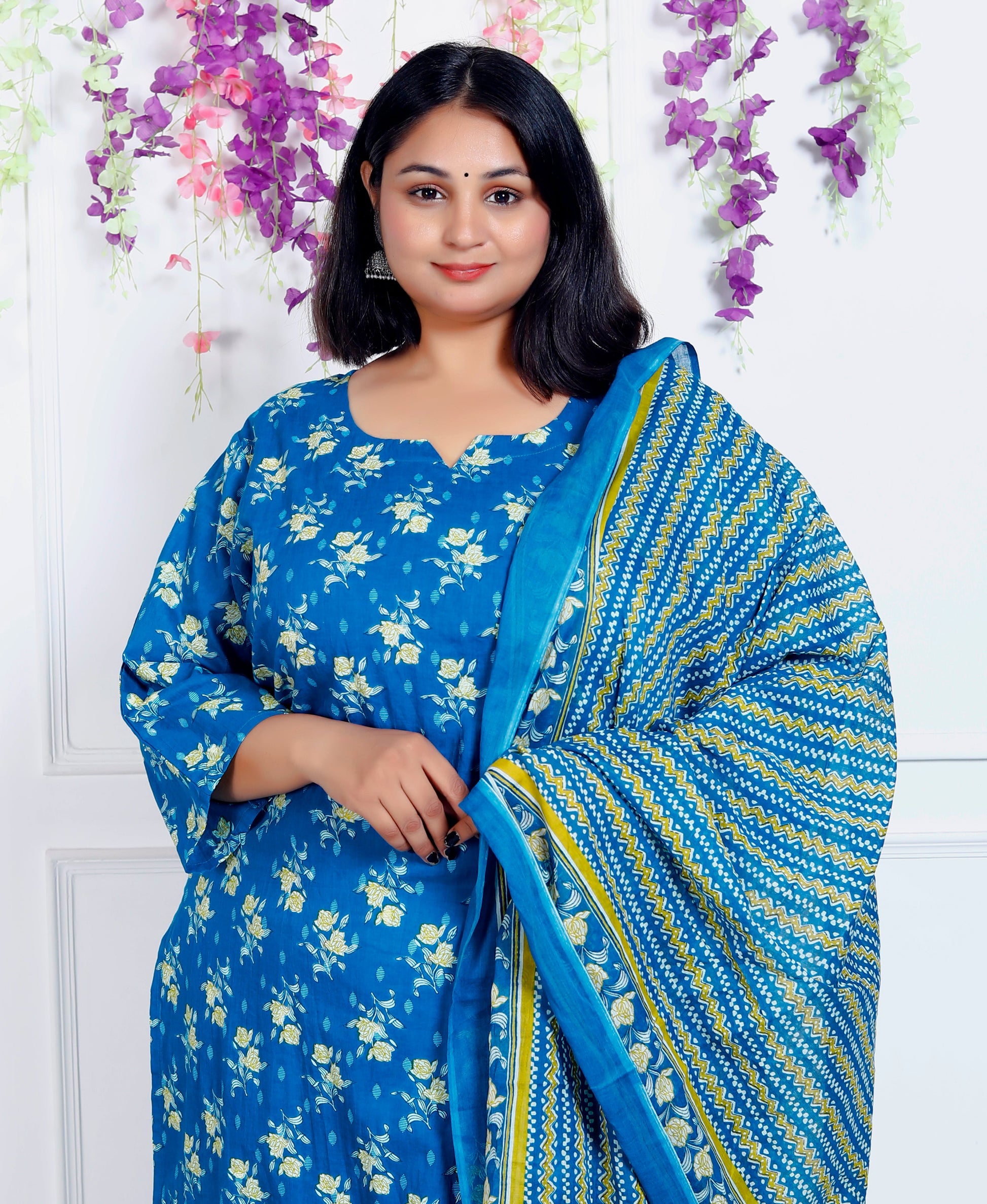 Plus Size  Blue Cotton Kurta Pant Set with Dupatta