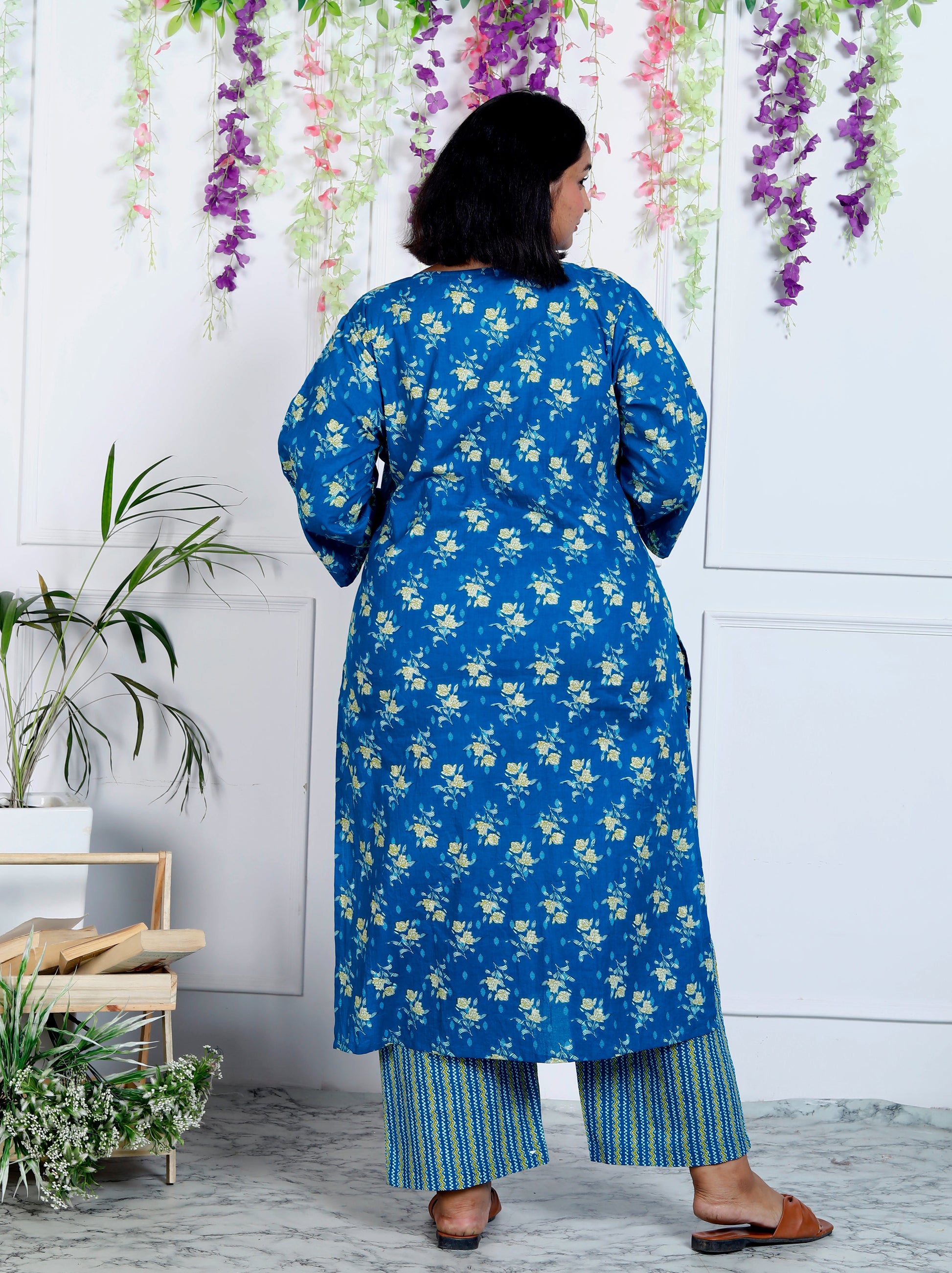 Plus Size  Blue Cotton Kurta Pant Set with Dupatta