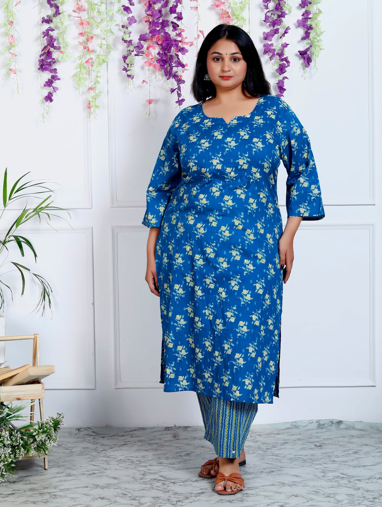 Plus Size  Blue Cotton Kurta Pant Set with Dupatta