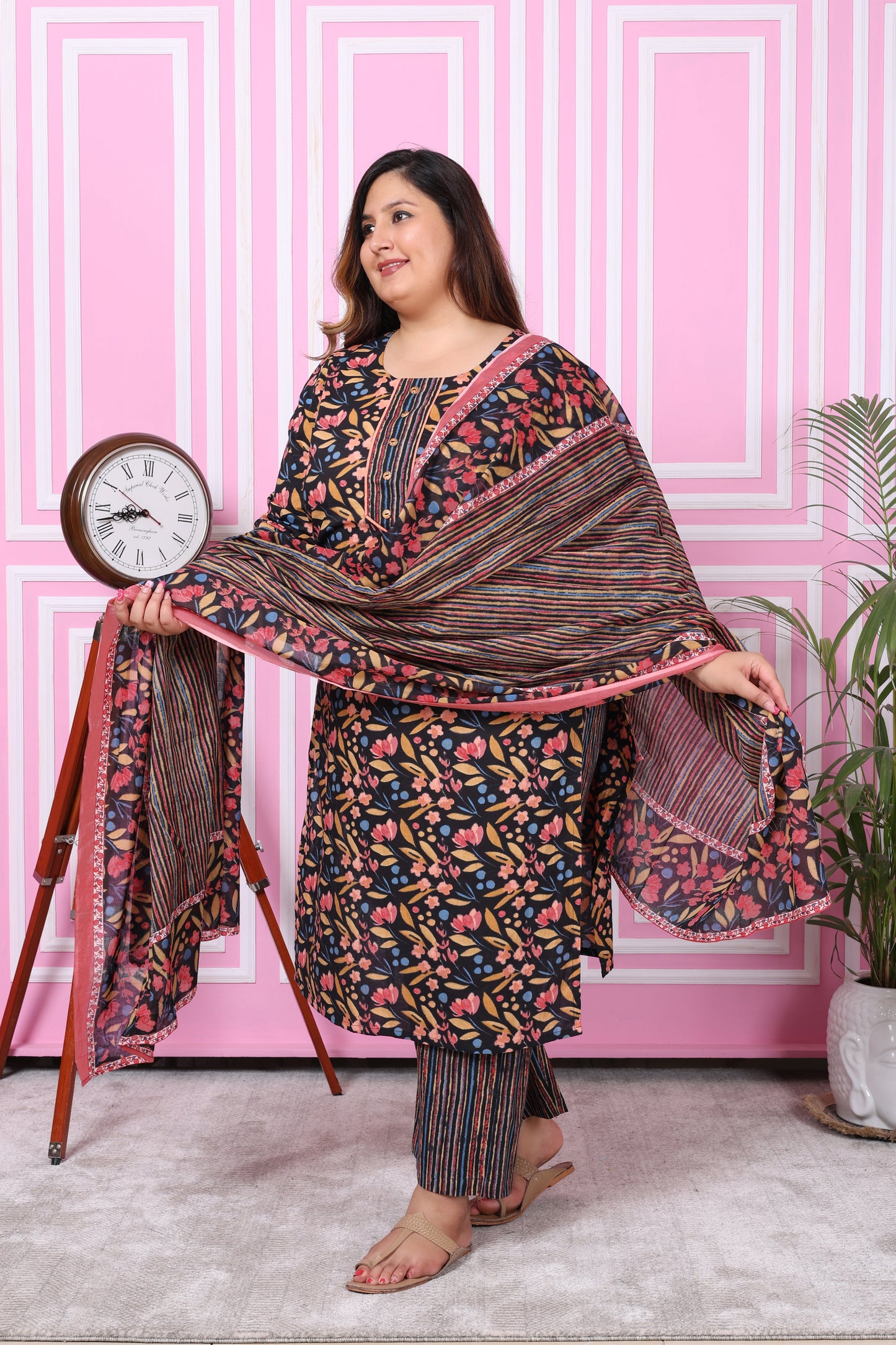 Plus Size Black Cotton Printed Kurta Pant Set