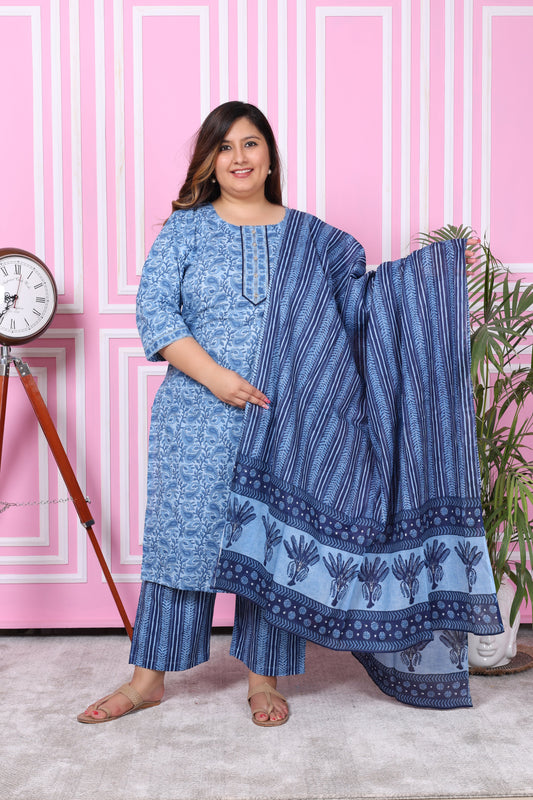 Plus Size Blue Cotton Printed Kurta Pant Set with Dupatta-200051