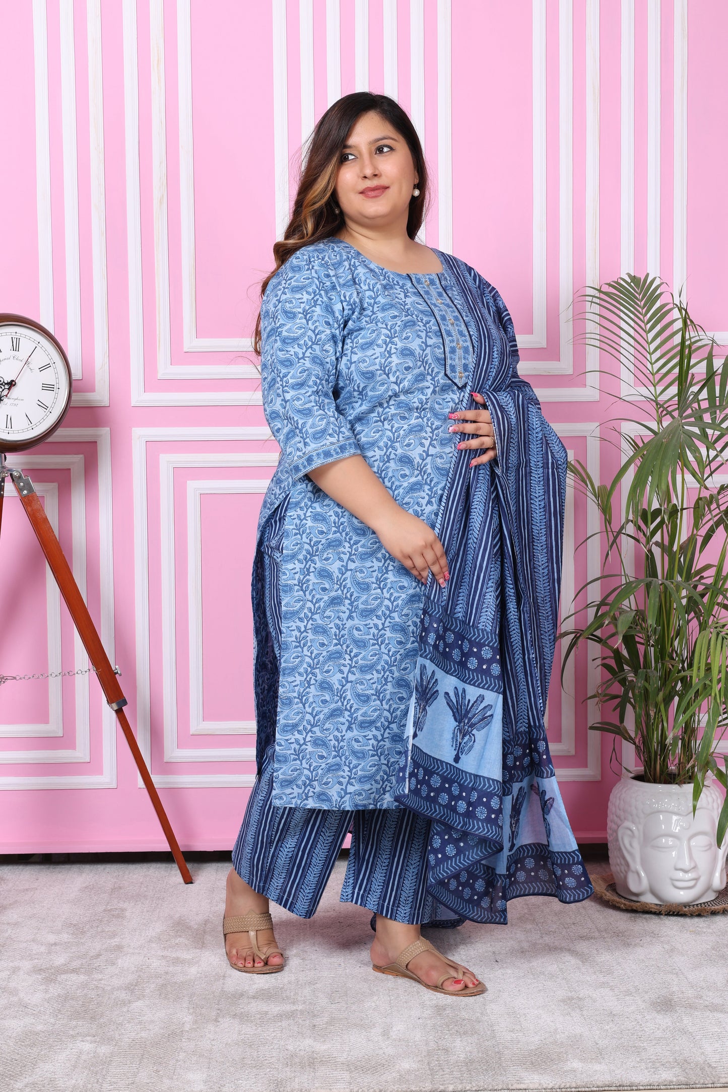 Plus Size Blue Cotton Printed Kurta Pant Set with Dupatta-200051