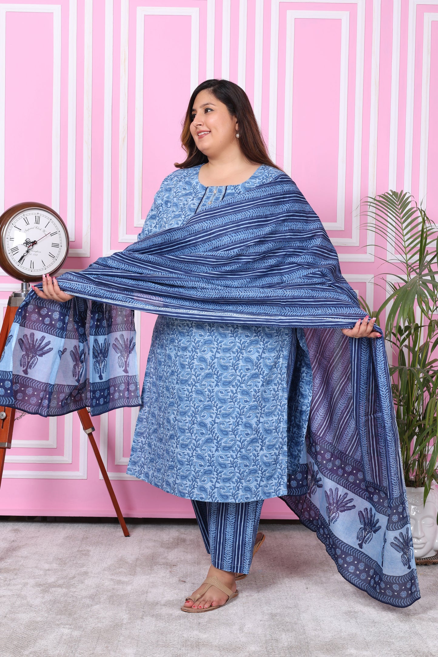 Plus Size Blue Cotton Printed Kurta Pant Set with Dupatta-200051