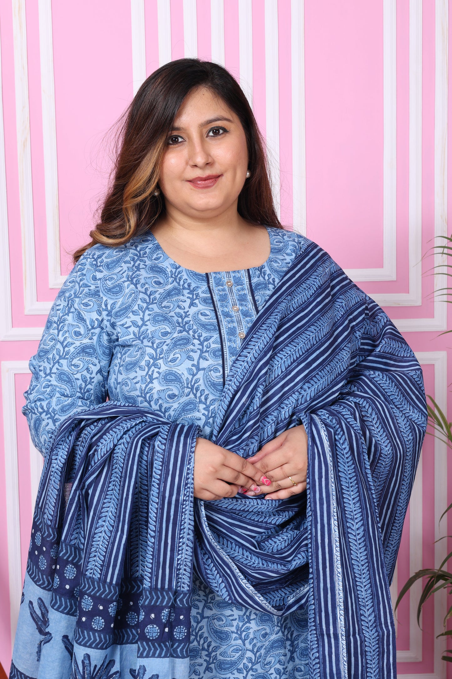 Plus Size Blue Cotton Printed Kurta Pant Set with Dupatta-200051