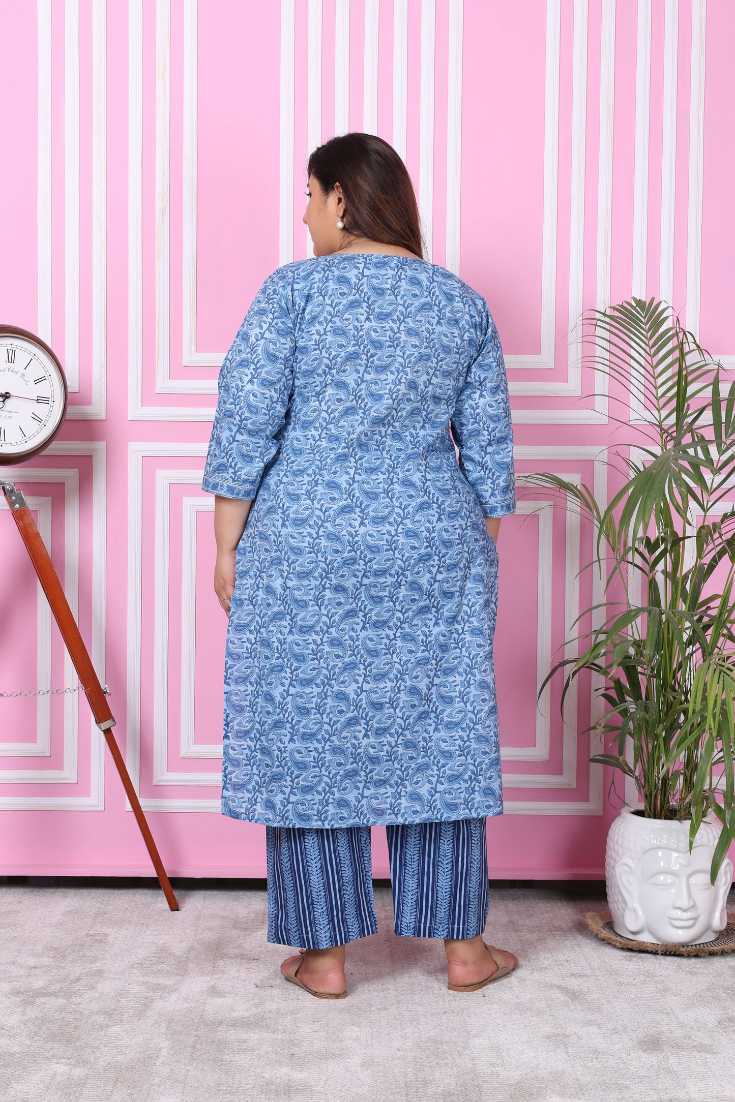 Plus Size Blue Cotton Printed Kurta Pant Set with Dupatta-200051