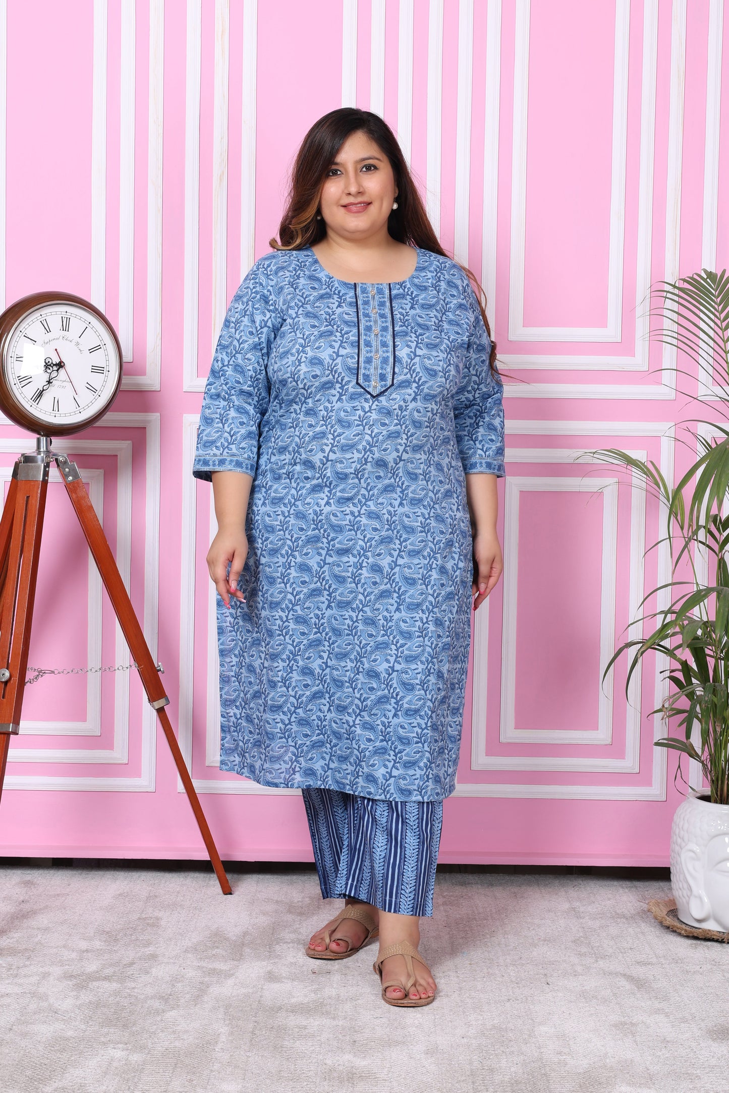 Plus Size Blue Cotton Printed Kurta Pant Set with Dupatta-200051