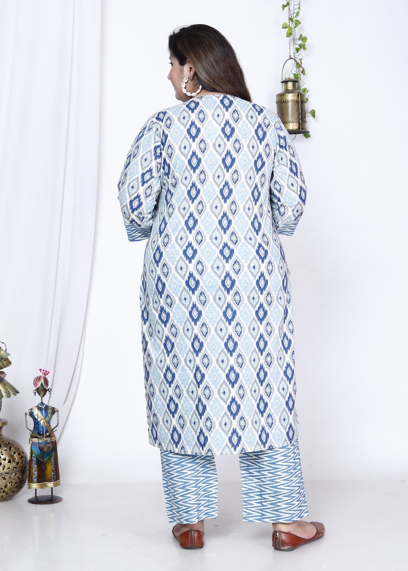 Plus Size Blue Cotton Printed Kurta Pant Set with Dupatta-719