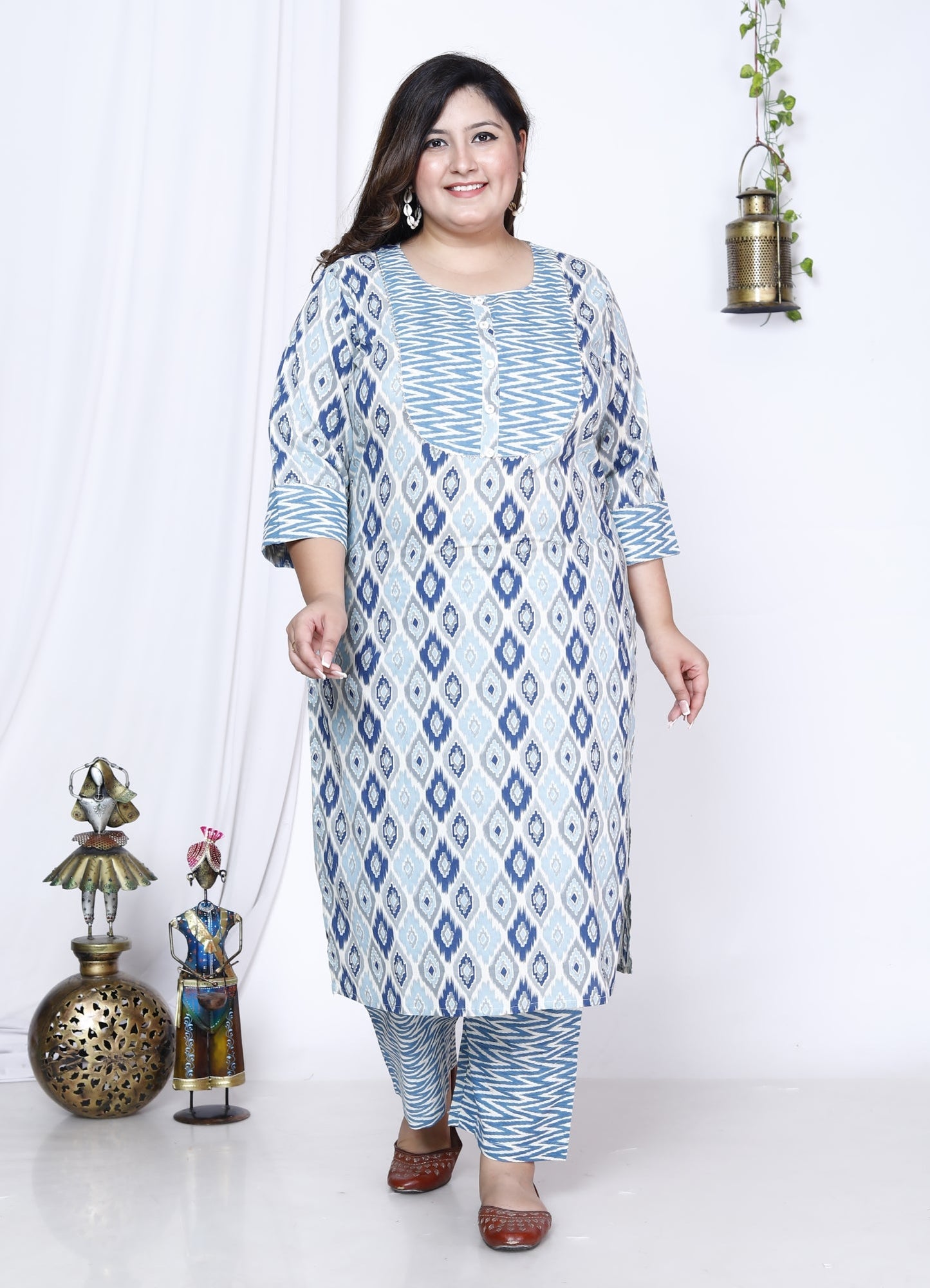 Plus Size Blue Cotton Printed Kurta Pant Set with Dupatta-719