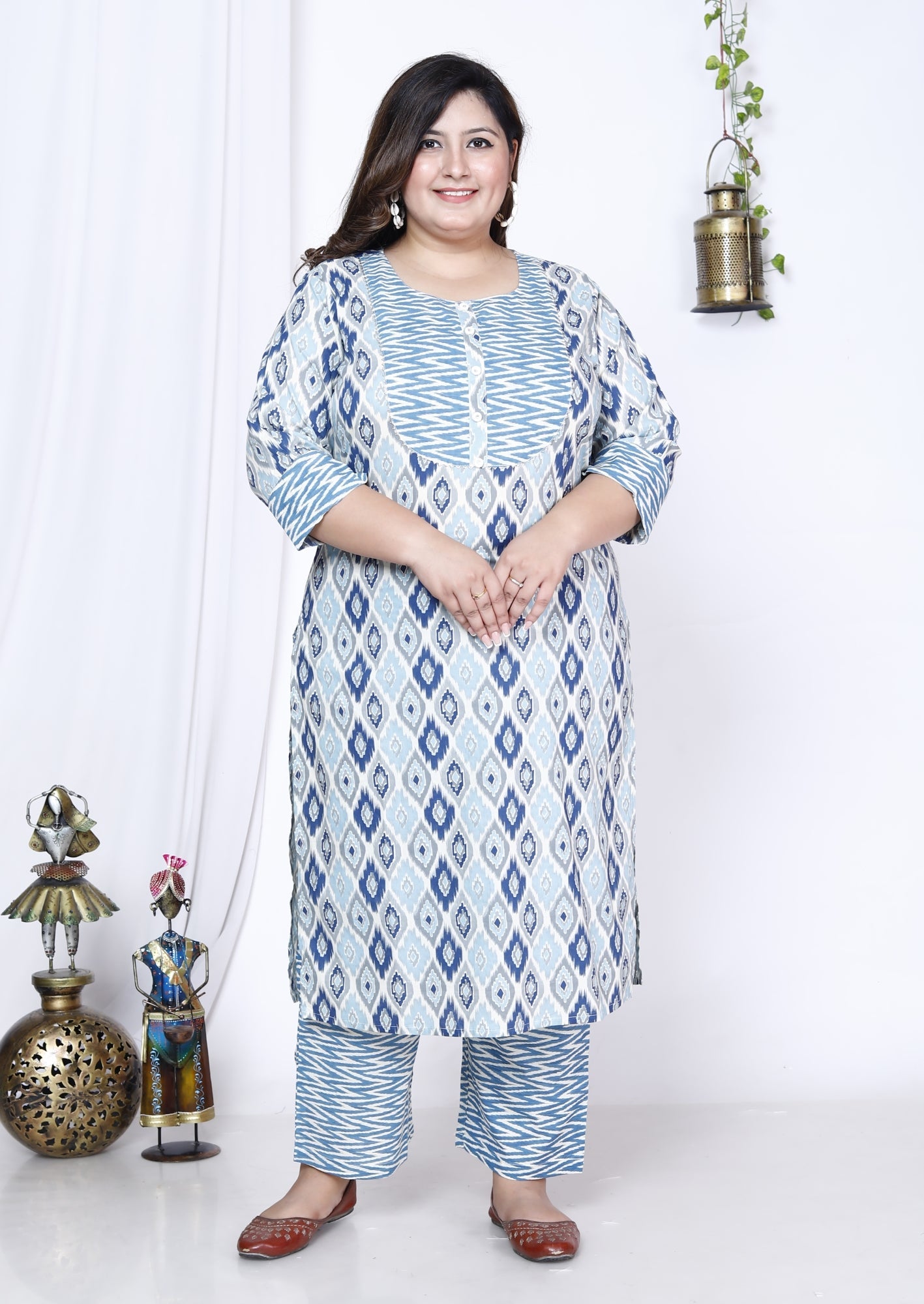 Plus Size Blue Cotton Printed Kurta Pant Set with Dupatta-719