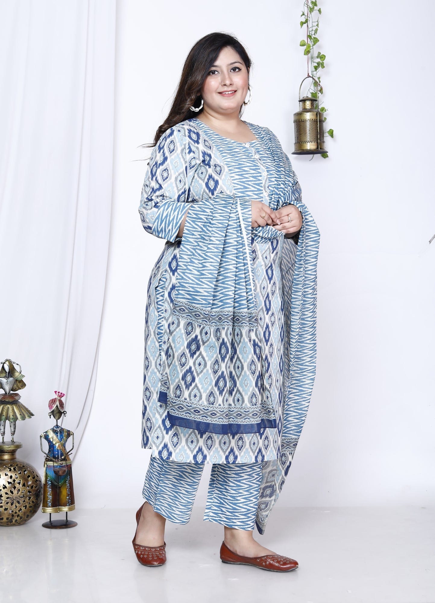 Plus Size Blue Cotton Printed Kurta Pant Set with Dupatta-719