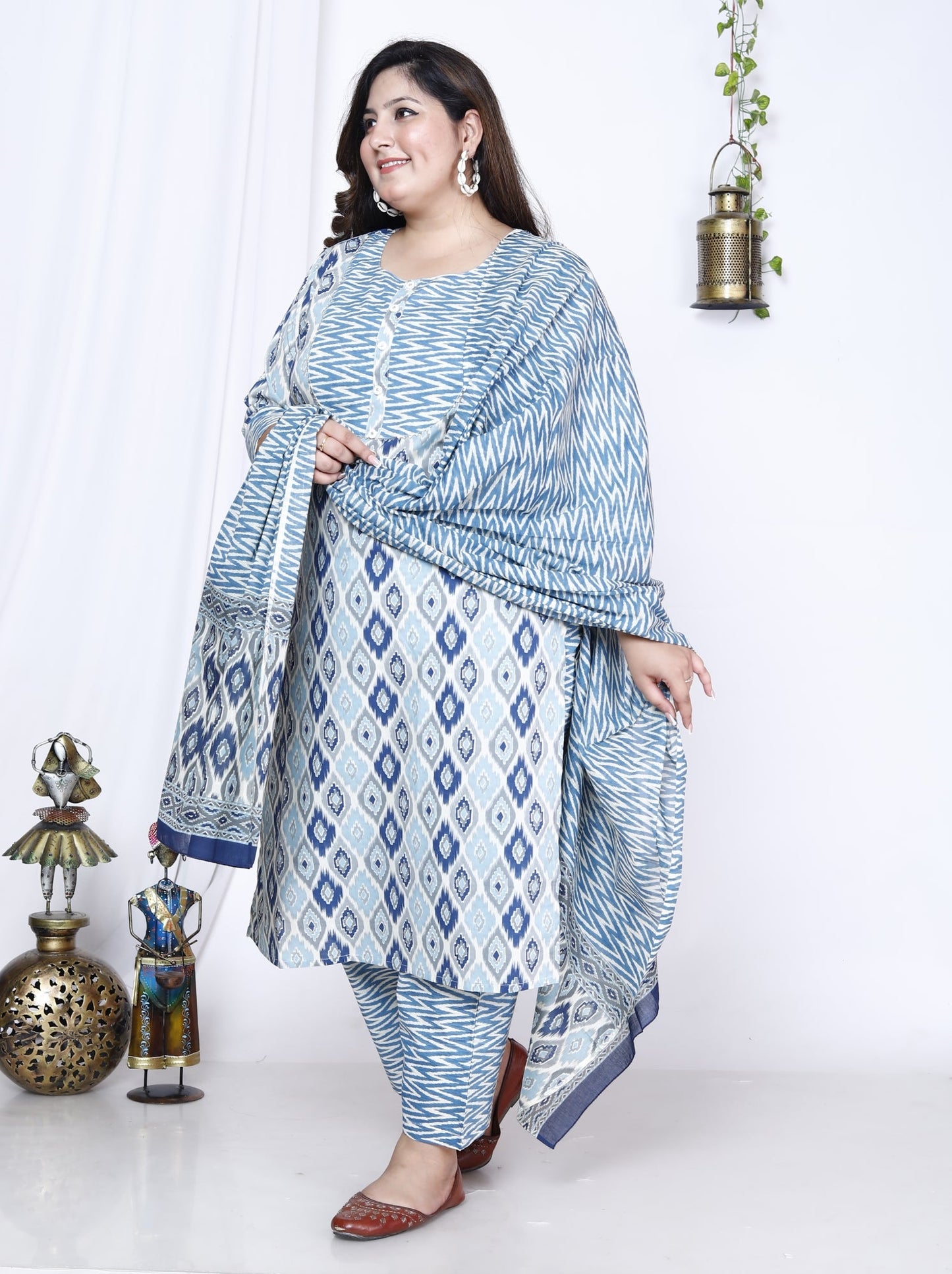 Plus Size Blue Cotton Printed Kurta Pant Set with Dupatta-719