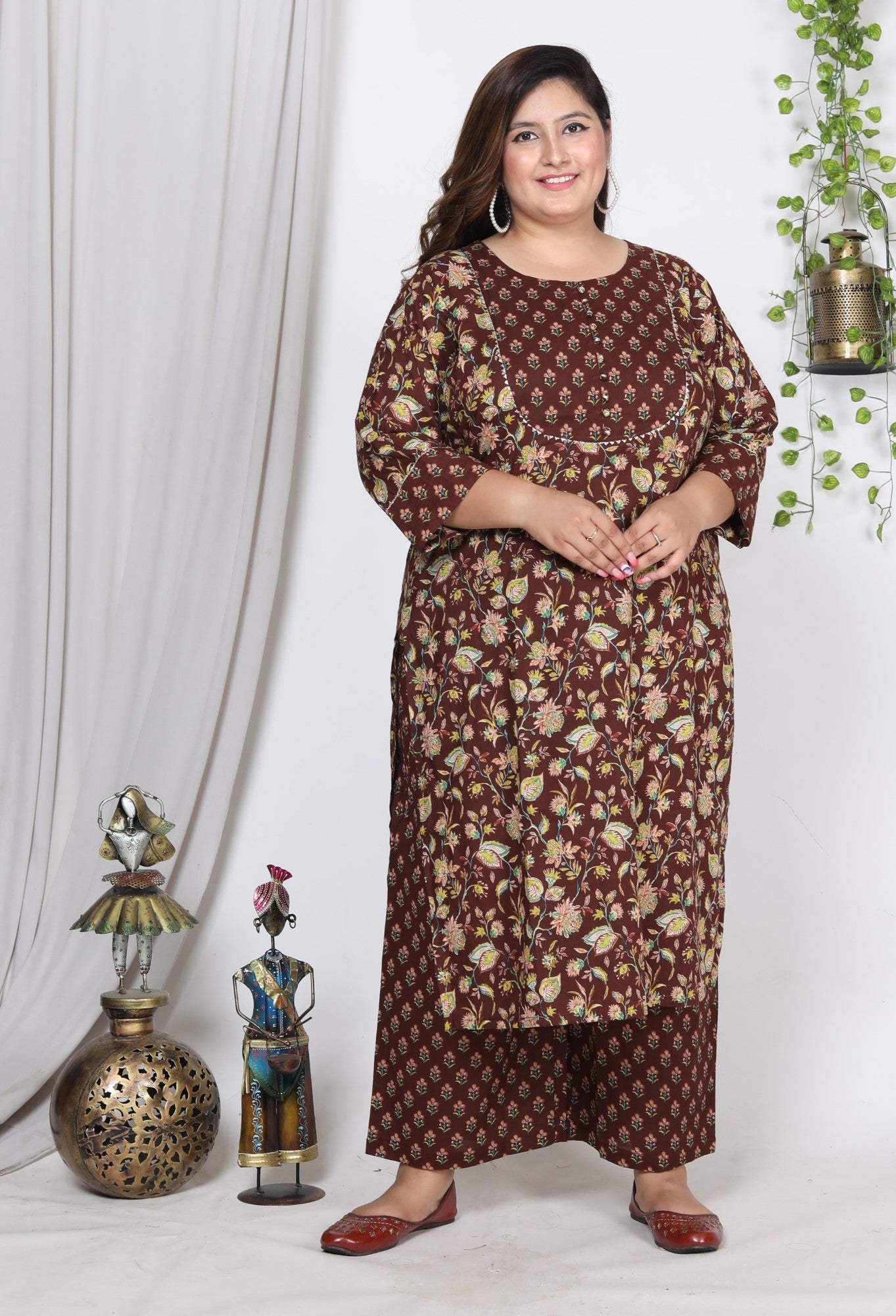 Plus Size Brown Cotton Printed Kurta Pant Set with Dupatta-200722