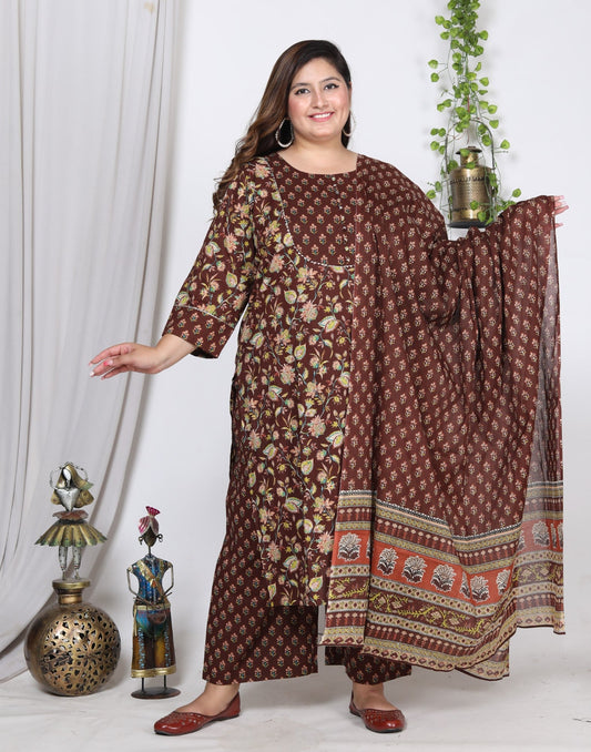 Plus Size Brown Cotton Printed Kurta Pant Set with Dupatta-200722