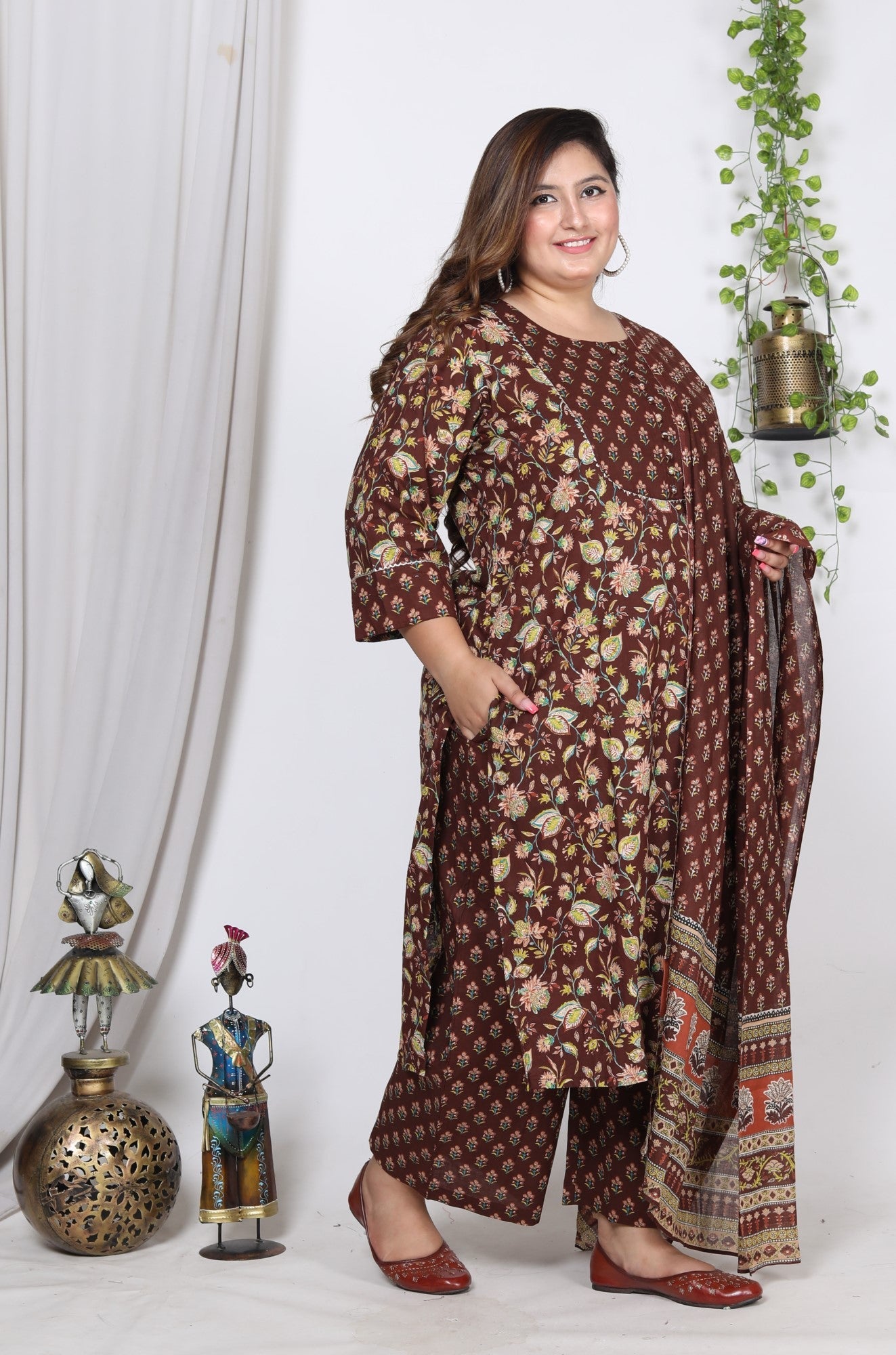 Plus Size Brown Cotton Printed Kurta Pant Set with Dupatta-200722