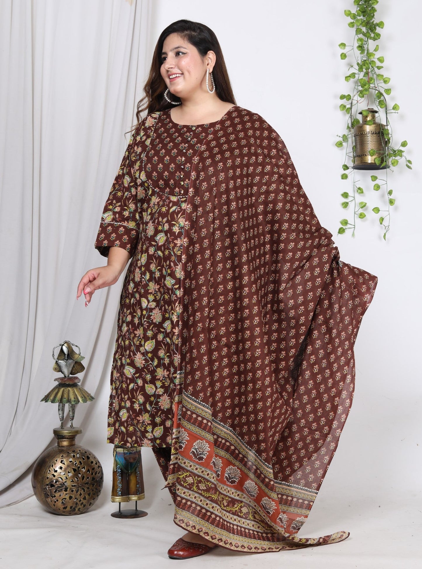 Plus Size Brown Cotton Printed Kurta Pant Set with Dupatta-200722