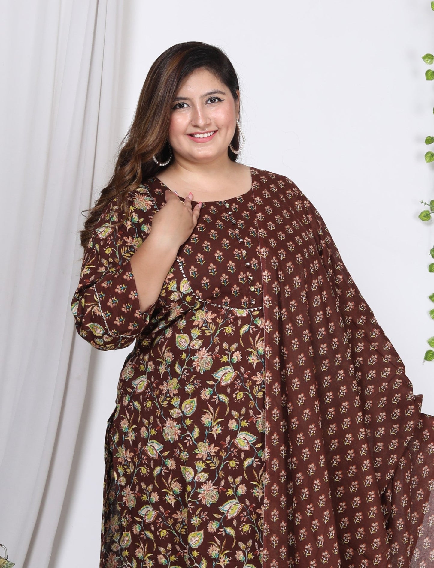 Plus Size Brown Cotton Printed Kurta Pant Set with Dupatta-200722