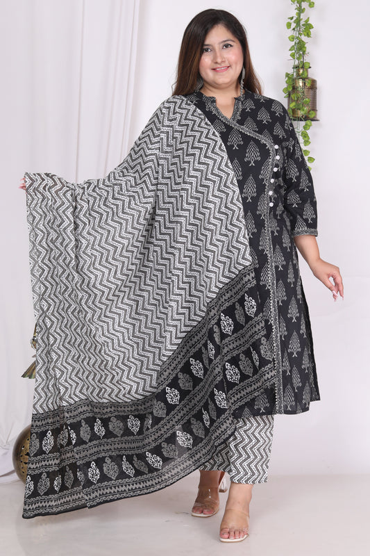 Plus Size Black Cotton Printed Kurta Pant Set with Dupatta-200724