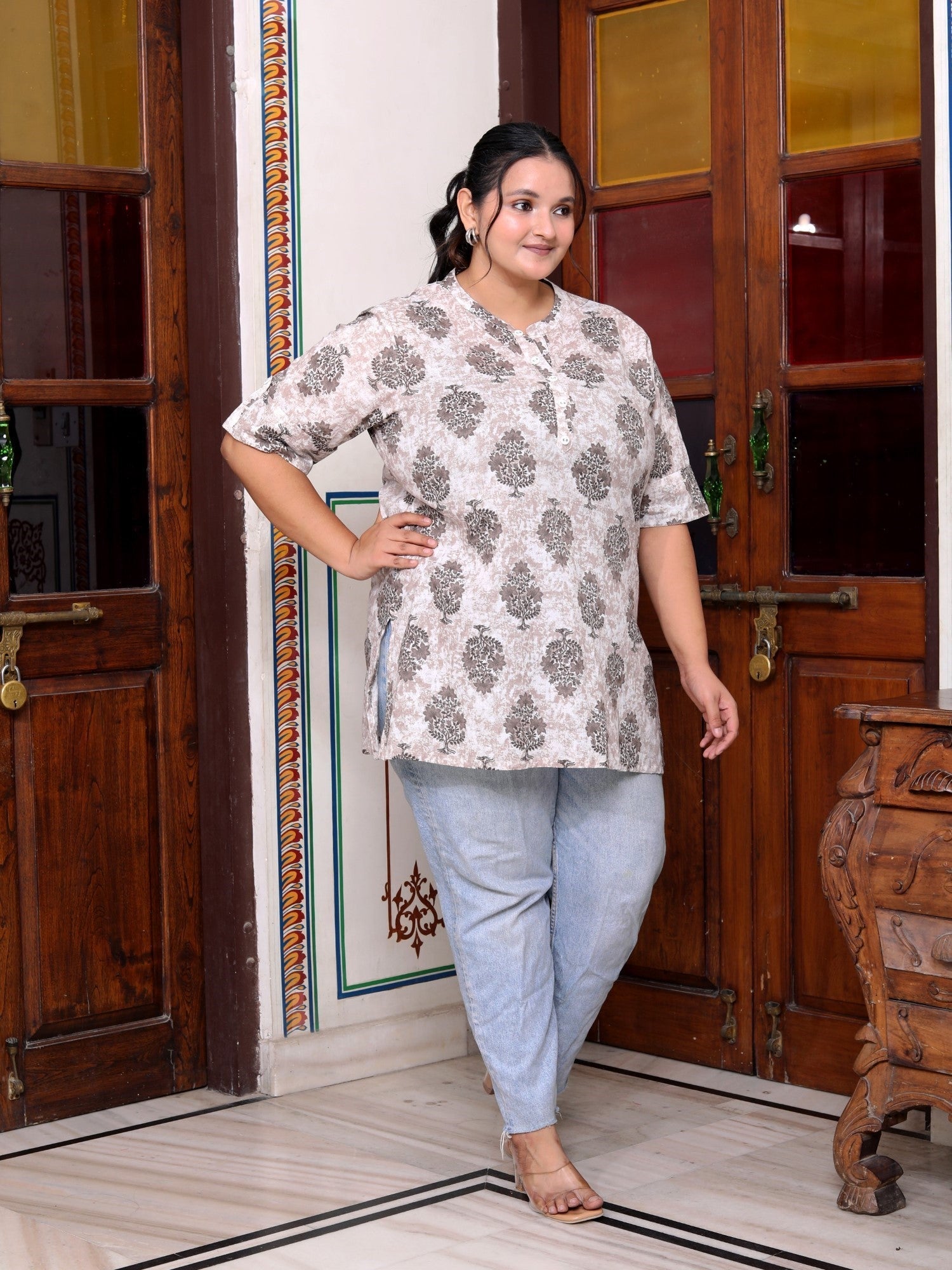 Plus Size Beige Cotton  Floral Print Short Kurta