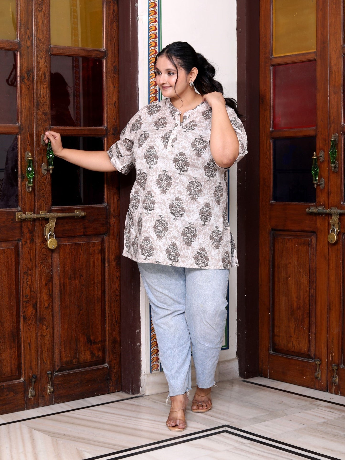 Plus Size Beige Cotton  Floral Print Short Kurta