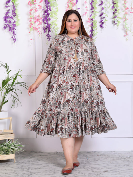 Plus Size Beige Cotton Blend Floral Print Flared Frock Style