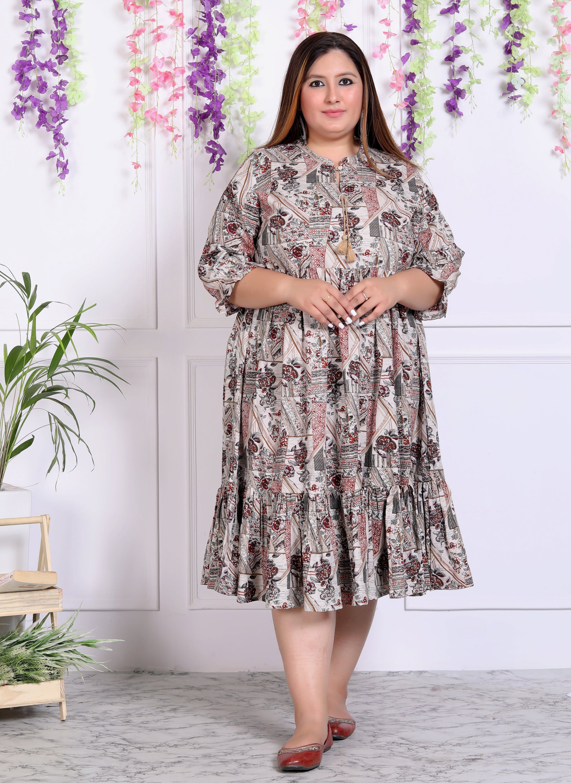 Plus Size Beige Cotton Blend Floral Print Flared Frock Style