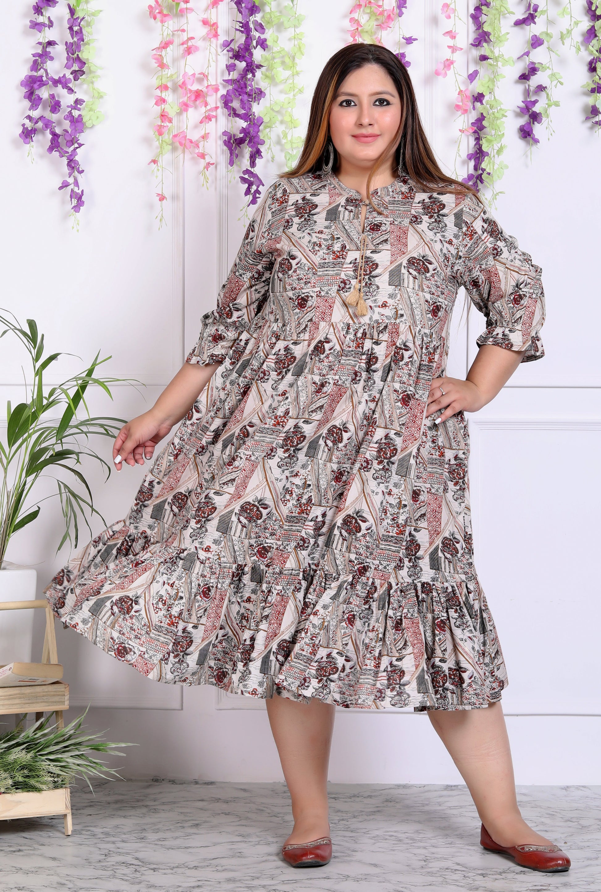 Plus Size Beige Cotton Blend Floral Print Flared Frock Style