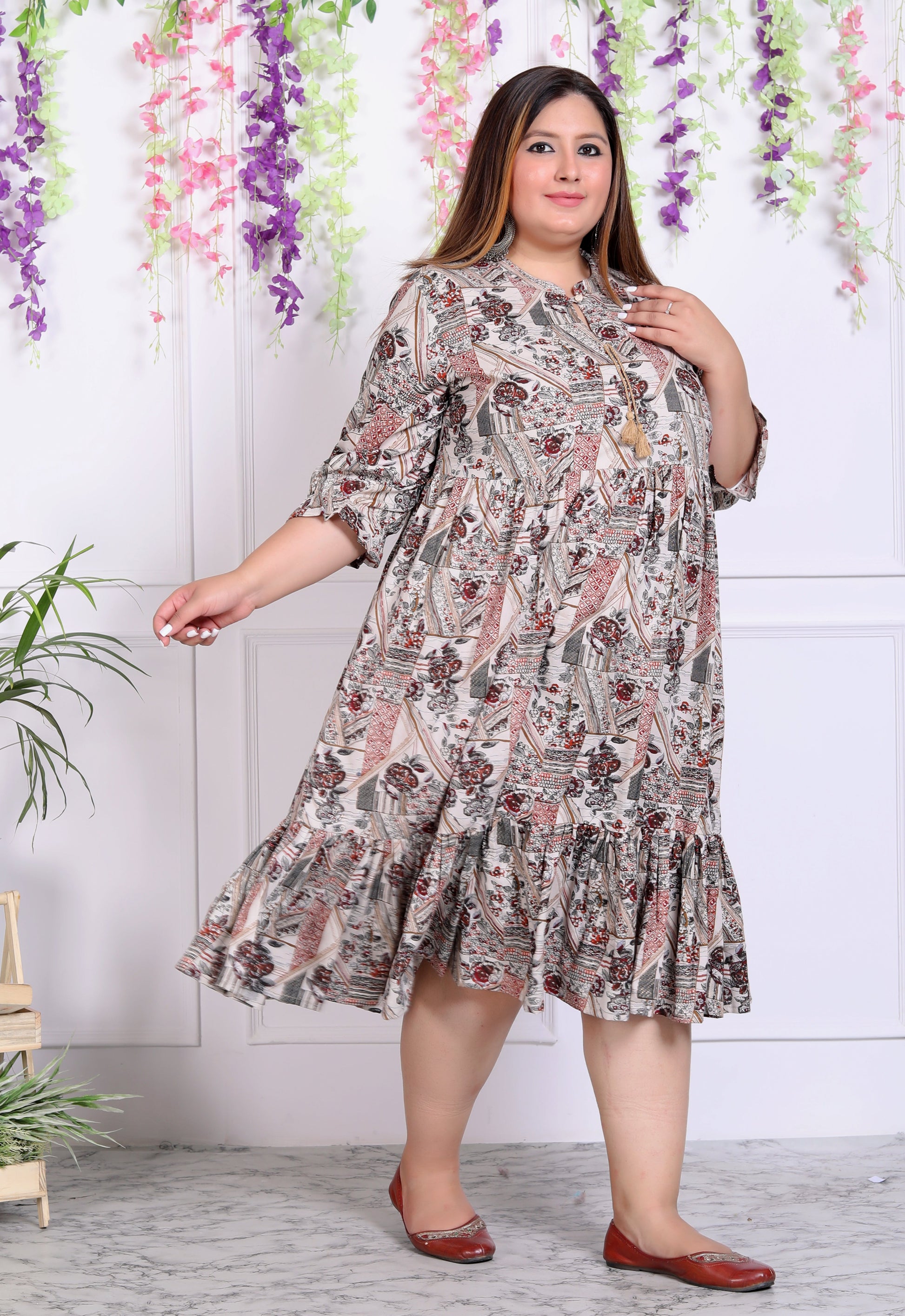 Plus Size Beige Cotton Blend Floral Print Flared Frock Style