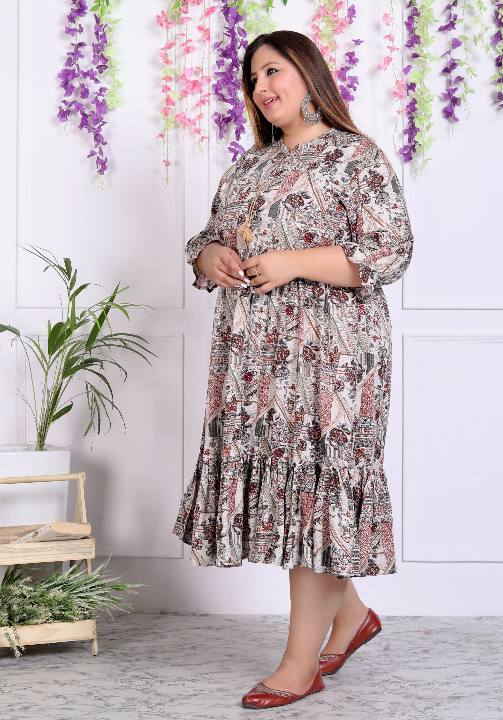 Plus Size Beige Cotton Blend Floral Print Flared Frock Style