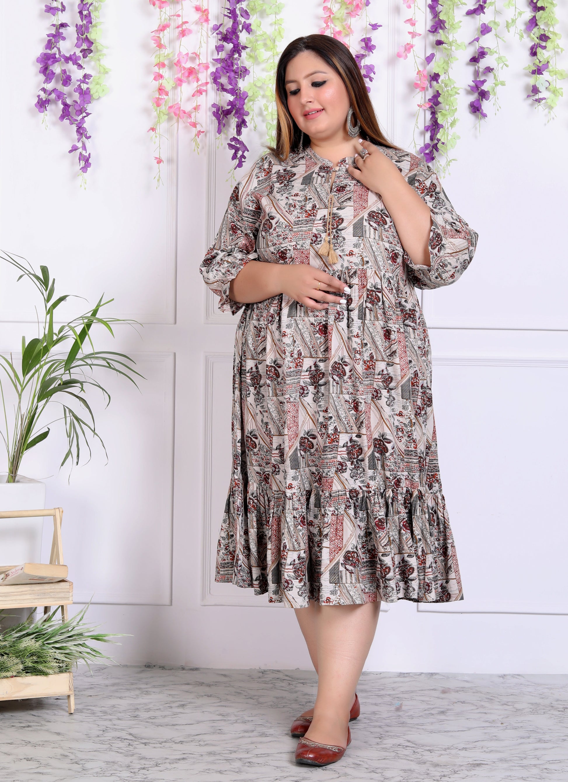 Plus Size Beige Cotton Blend Floral Print Flared Frock Style