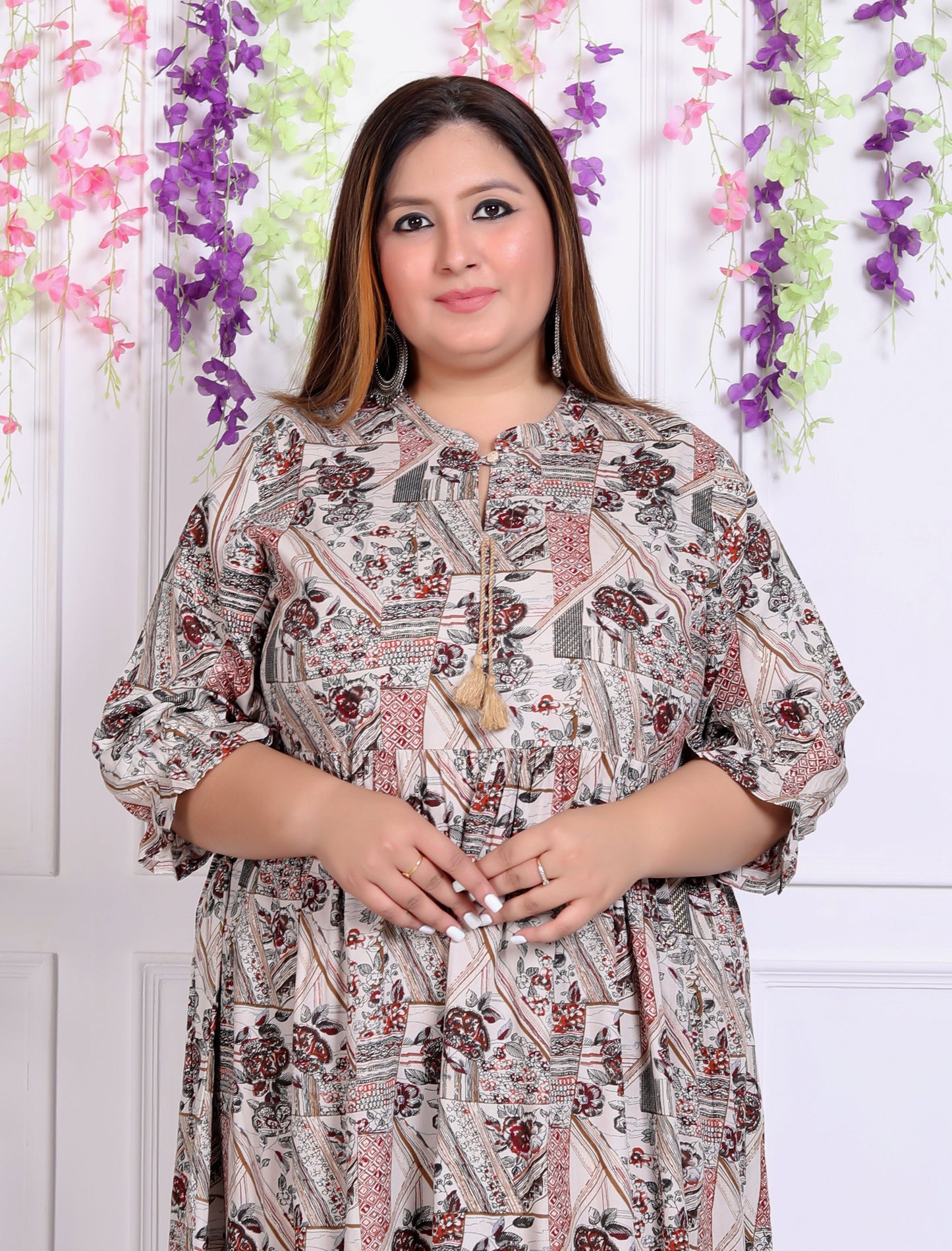 Plus Size Beige Cotton Blend Floral Print Flared Frock Style