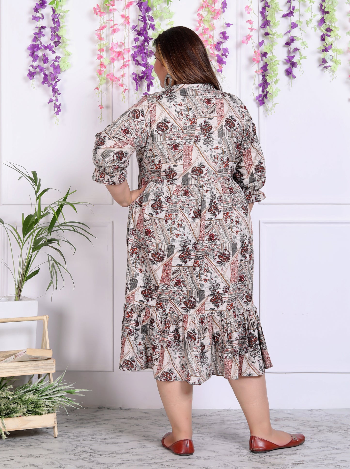 Plus Size Beige Cotton Blend Floral Print Flared Frock Style