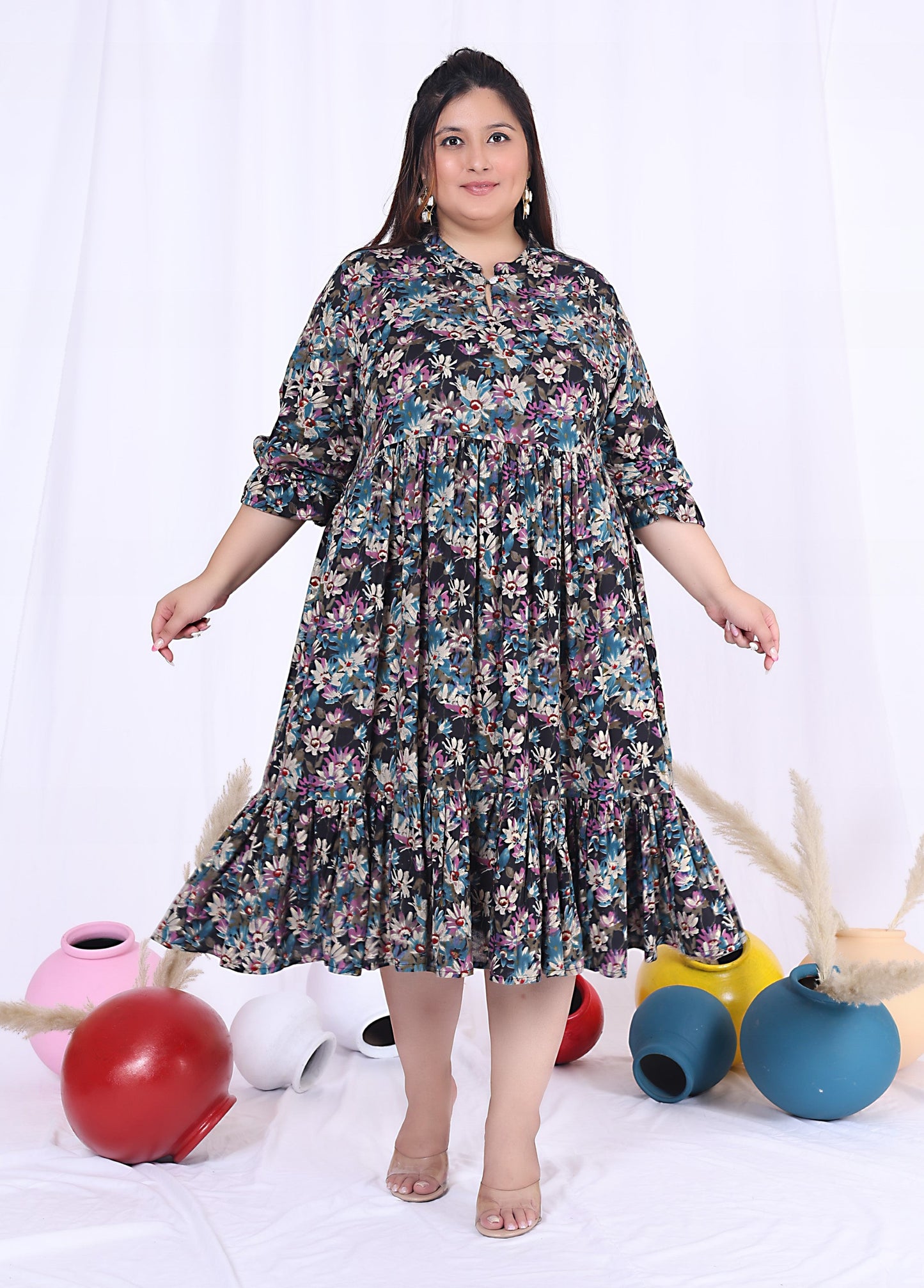 Plus Size Black Cotton Flared Frock Style-600015